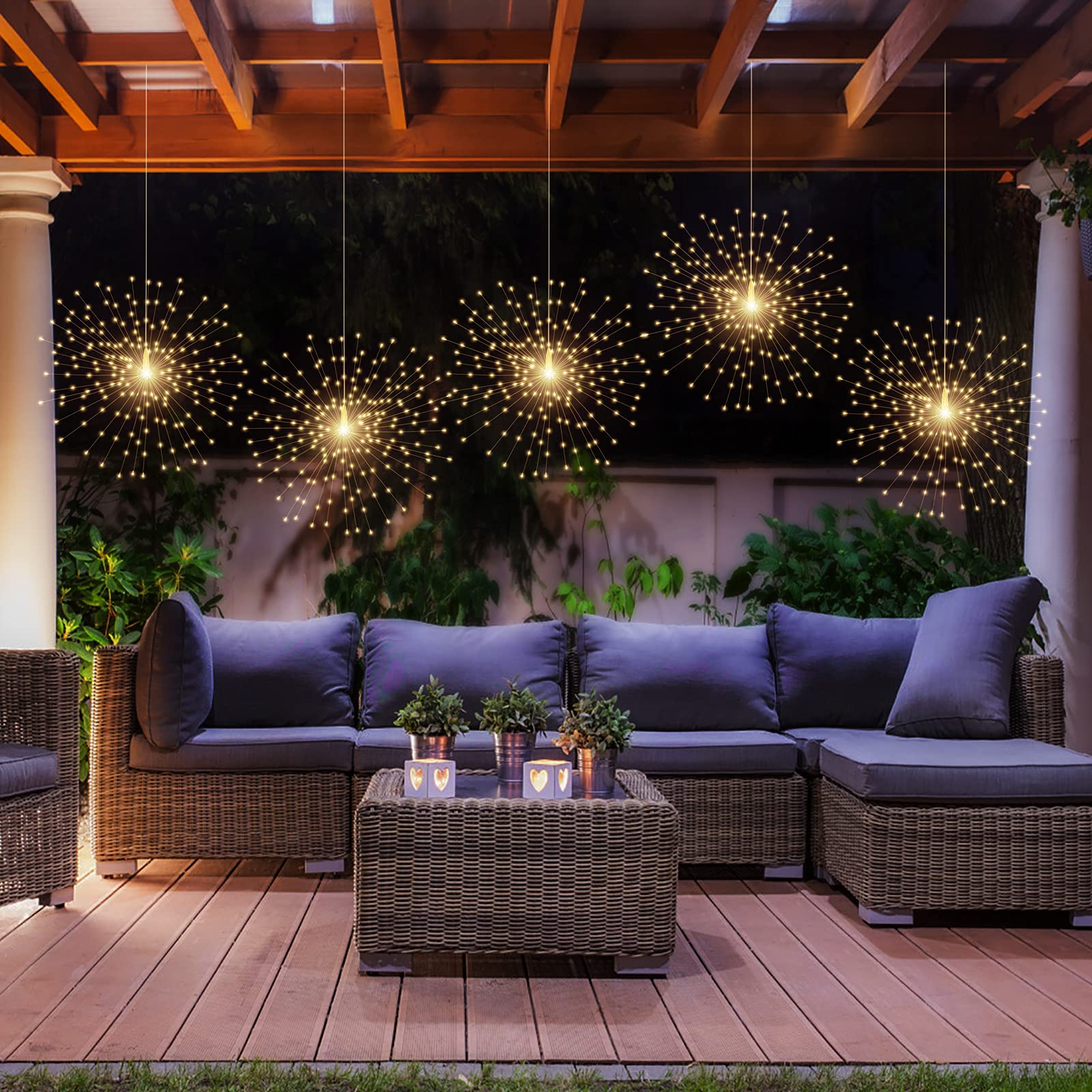 4 Pack Starburst Sphere Lights - 200 LED Firework Fairy Lights with 8 Modes & Remote Control, Dimmable Waterproof Hanging Copper Wire Lights for Outdoor Patio, Garden, Christmas, Wedding, Party Decor (Battery Operated) - Perfect for Backyard Gatherings, Holiday Celebrations and Romantic Ambiance
