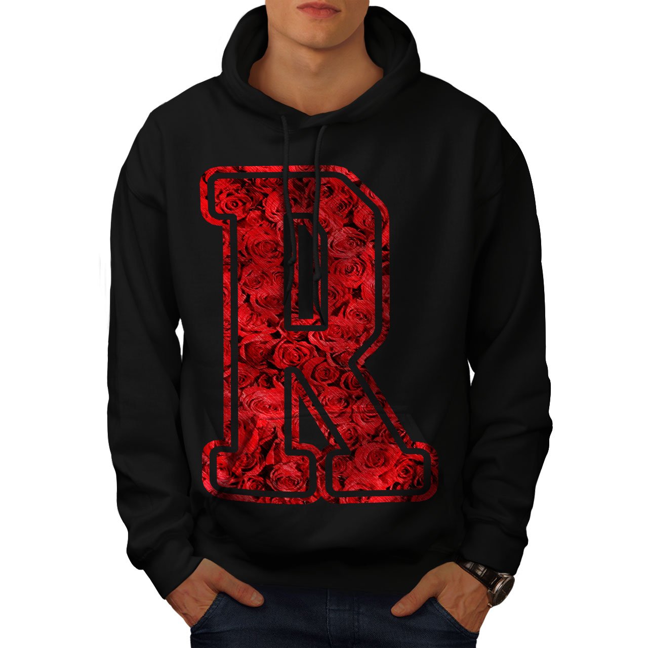Wellcoda Letter R Rose Fashion Men's Hoodie - Red Hooded Sweatshirt for Casual Wear, Street Style & Winter Comfort