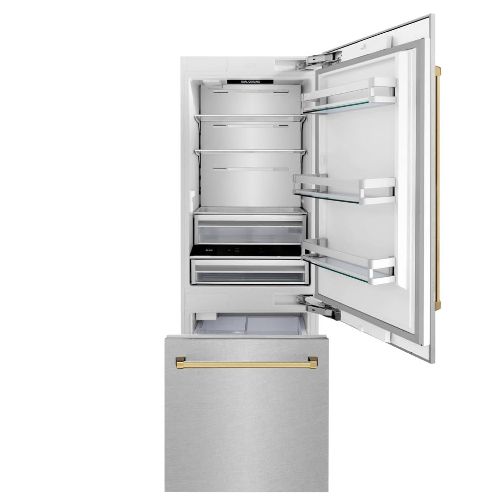 ZLINE Autograph Edition 30-Inch Built-In Bottom Freezer Refrigerator - 16.1 cu. ft. Capacity, Water Dispenser & Ice Maker - Satin Stainless Steel with Polished Gold Accents (RBIVZ SN 30 G) - Perfect for Modern Kitchens & Luxury Homes