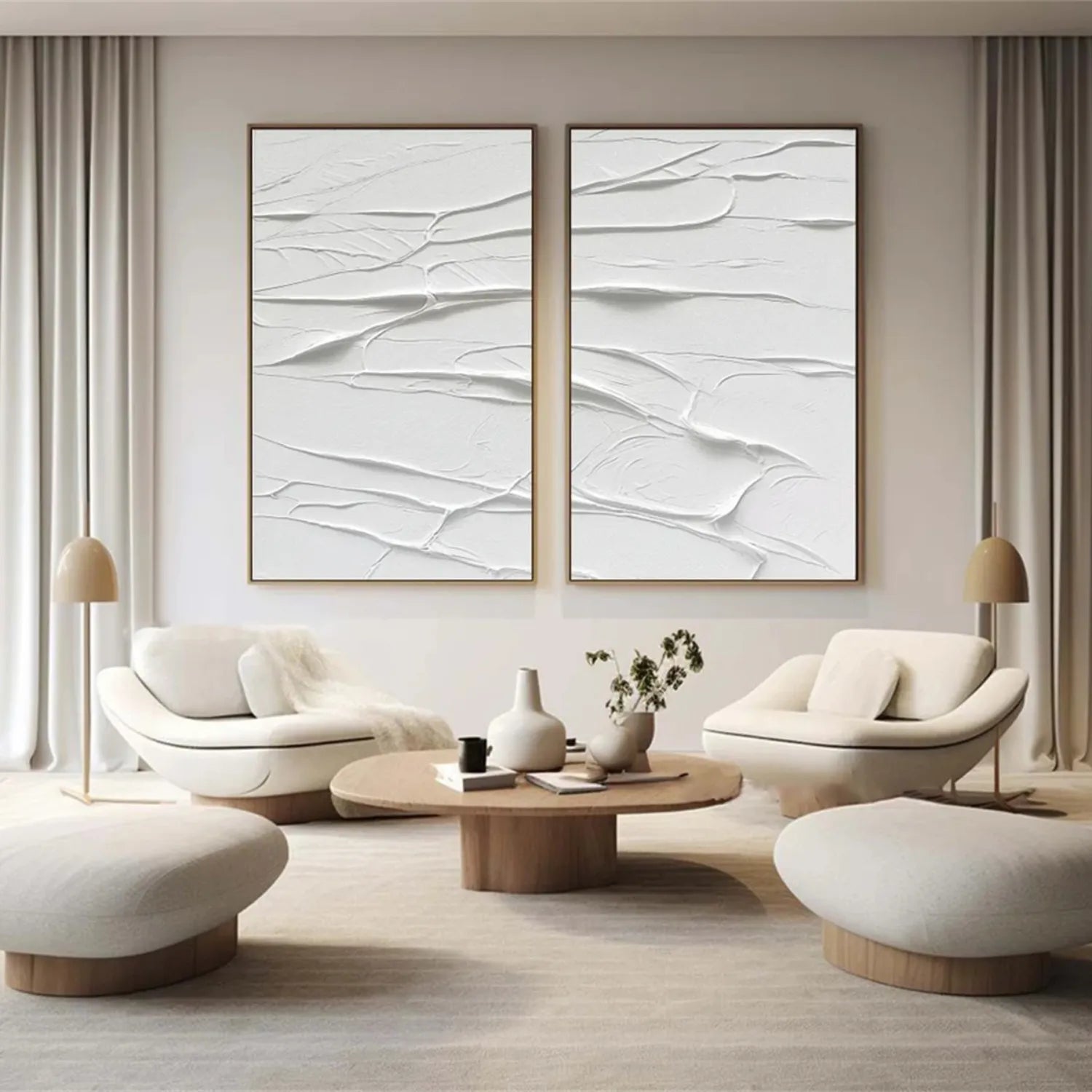 White Minimalist Textured Paintings Canvas Set of 2 - Modern Abstract Wall Art for Living Room & Bedroom Decor #MM273