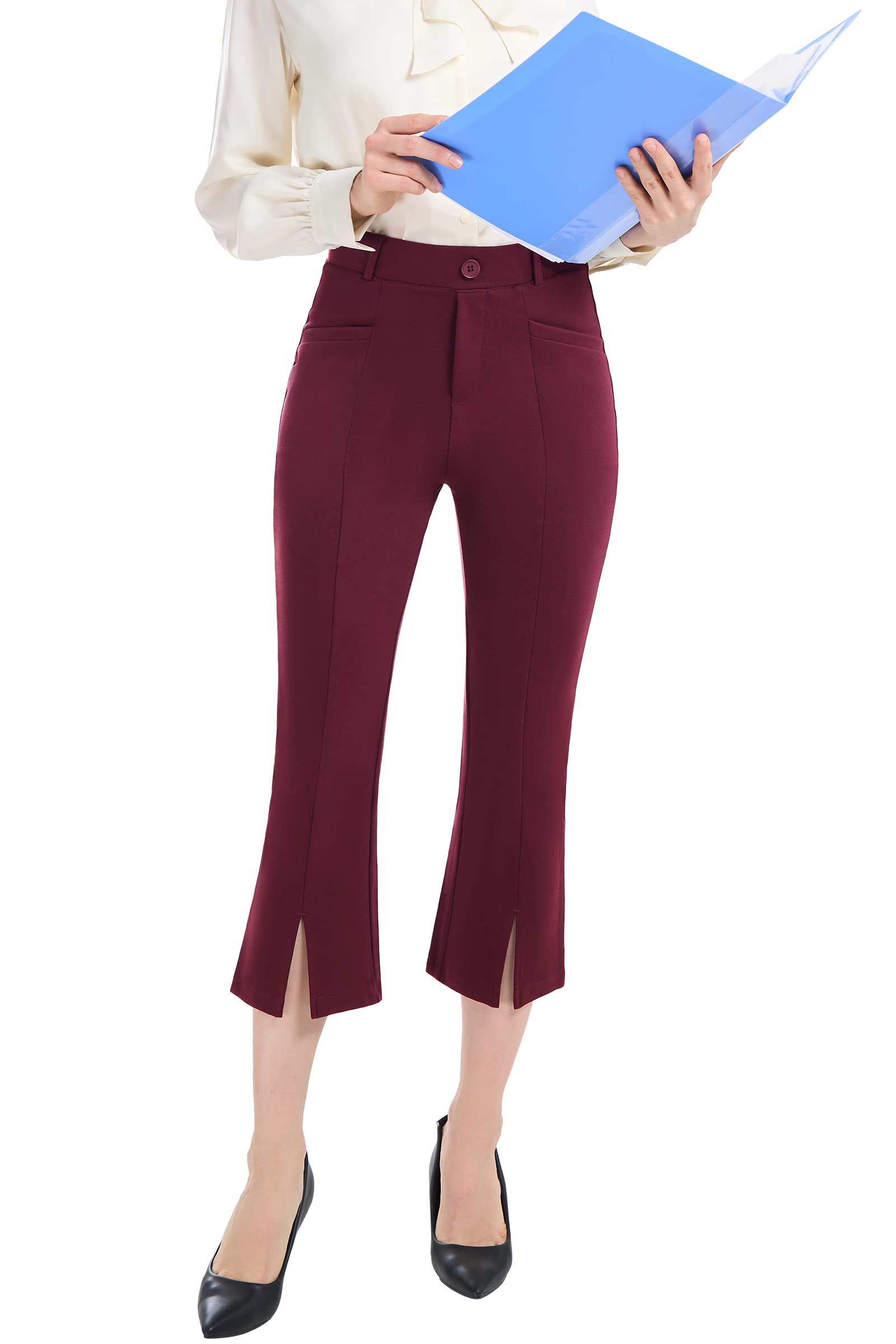 PUWEER Women's Stretchy Flare Capri Pants - Business Casual Dress Pants with Pockets for Summer, Office & Work | Comfortable Cropped Work Pants for Women