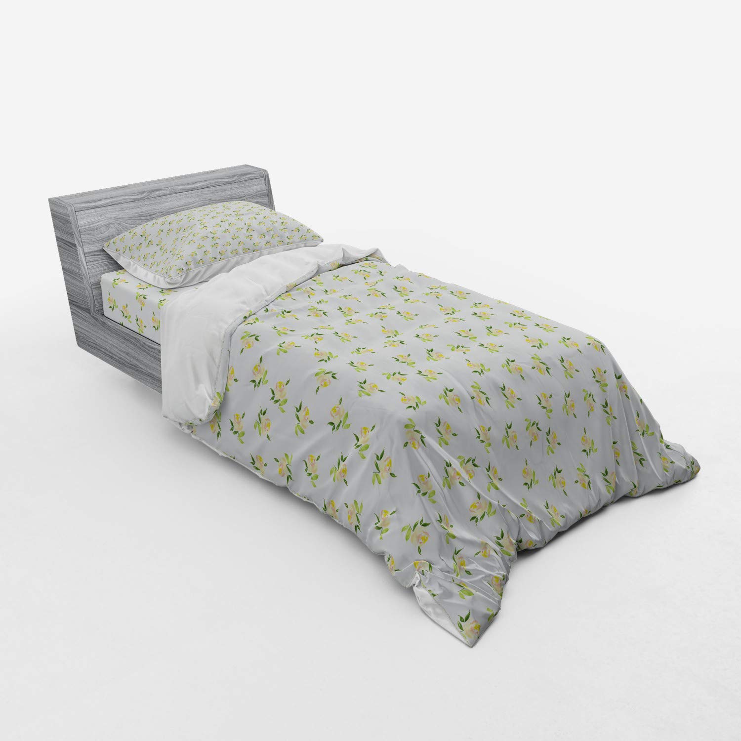Ambesonne Floral Duvet Cover Set - Soft Toned Rose Bouquets & Bridal Branches Shabby Chic Design, 3-Piece Bedding Set with Pillow Sham & Fitted Sheet, Twin Size in Peach/Yellow/Olive Green | Perfect for Wedding Decor, Guest Room & Boho Bedroom Styling