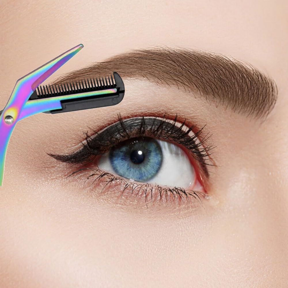 Professional Stainless Steel 2-in-1 Eyebrow Scissors with Comb - Precise Eyebrow Trimmer & Hair Removal Tool for Men & Women (Black) | Perfect for Home Grooming, Salon Use & Travel Makeup Kit