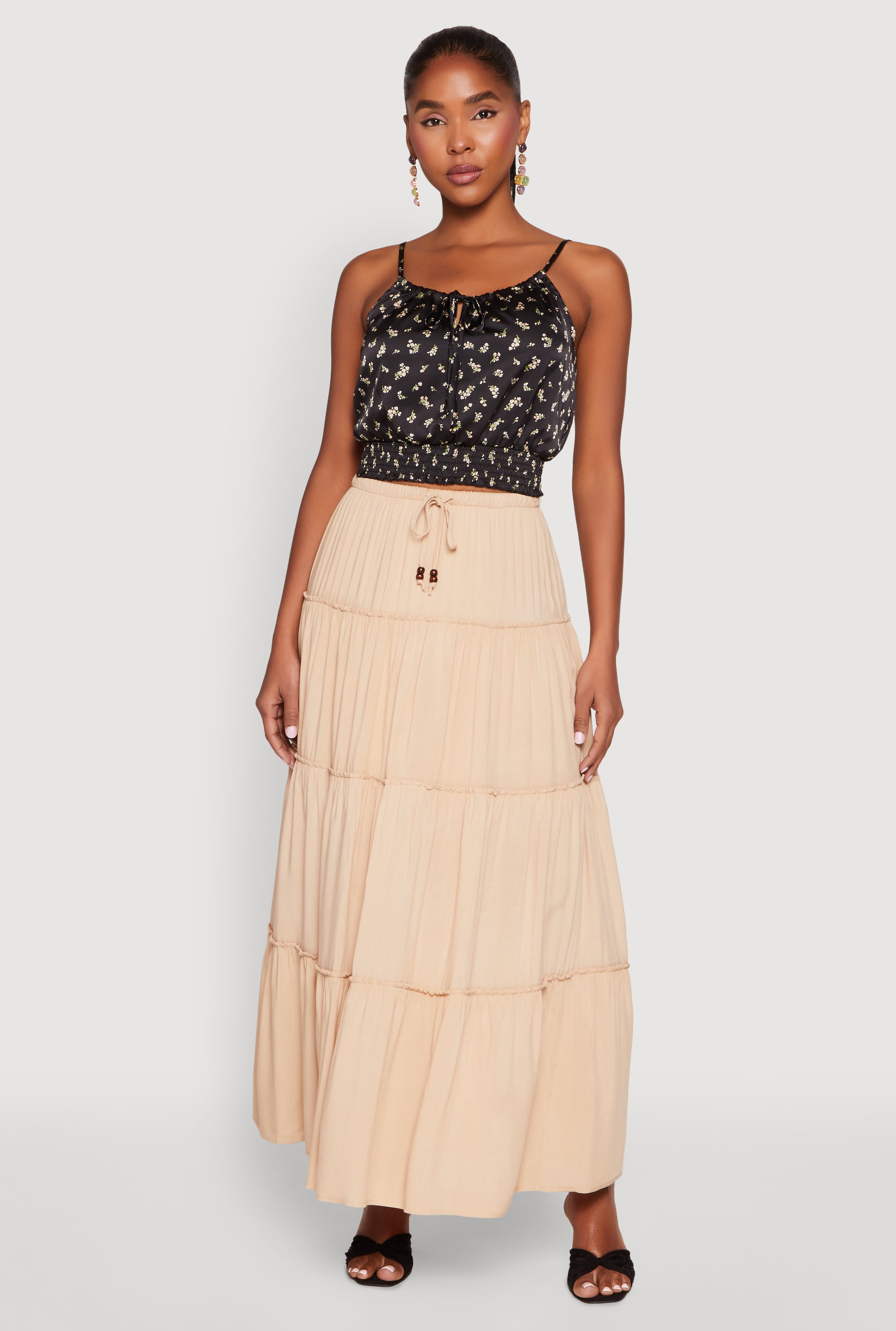 Almost Famous Tiered Maxi Skirt for Women - Boho Flowy Long Skirt with Elastic Waist | Perfect for Beach, Festival & Summer Outfits