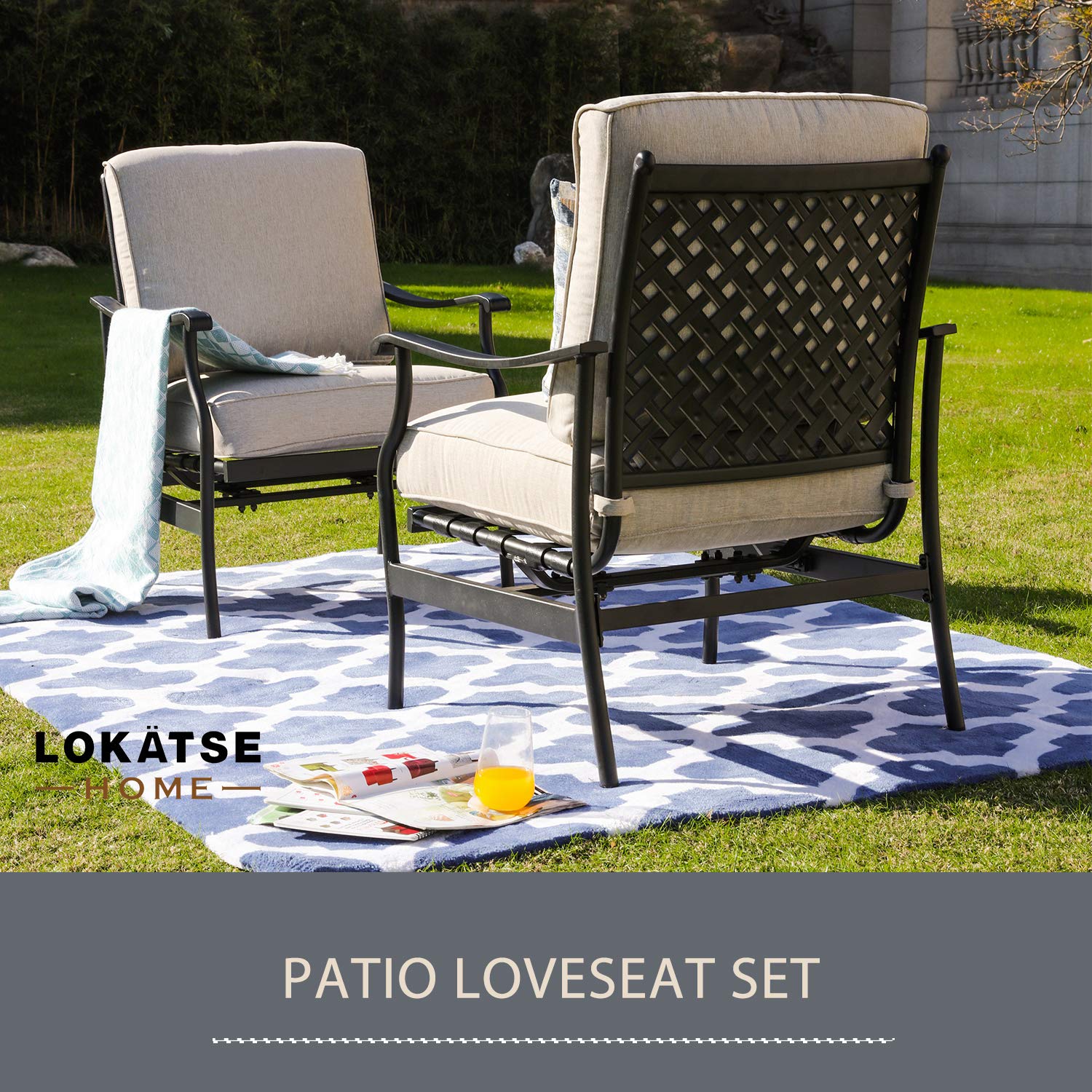 LOKATSE HOME 2-Piece Outdoor Metal Patio Bistro Set - Steel Dining Chairs with Cushions, Beige - Perfect for Garden, Balcony & Backyard Relaxation