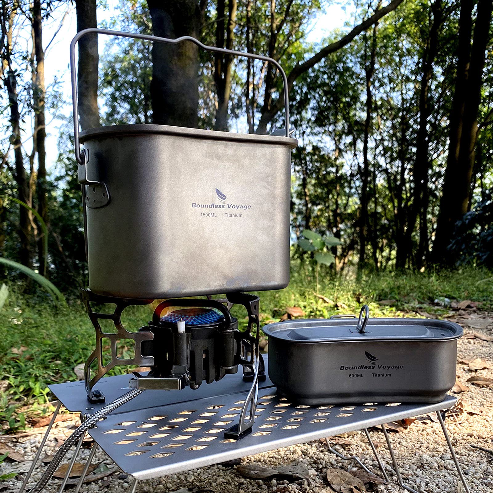 Boundless Voyage Titanium Camping Cookware Set - Lightweight Canteen Cup, Mess Kit & Kidney-Shaped Hanging Pot with Lid & Handles (Ti2059C) for Backpacking, Hiking & Outdoor Cooking Adventures