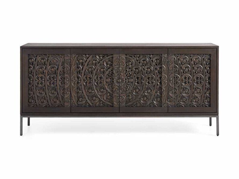 Hand Carved Mandala Media Unit - Solid Wood TV Stand with Storage | Modern Wooden Credenza for Living Room | Perfect for Home Theater & Entertainment Center