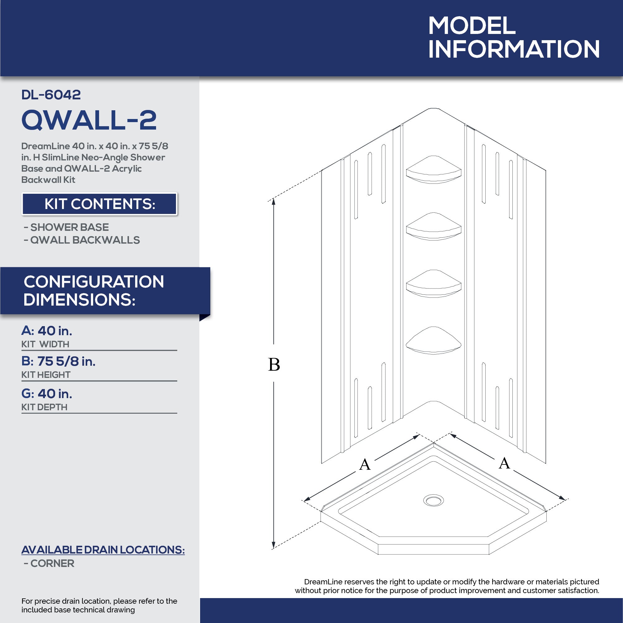 DreamLine 40x40x75.6 Inch Neo Angle Shower Base with QWALL 2 Acrylic Backwall Kit - Space Saving Corner Shower Enclosure for Small Bathrooms, Perfect for Apartments and Modern Home Renovations