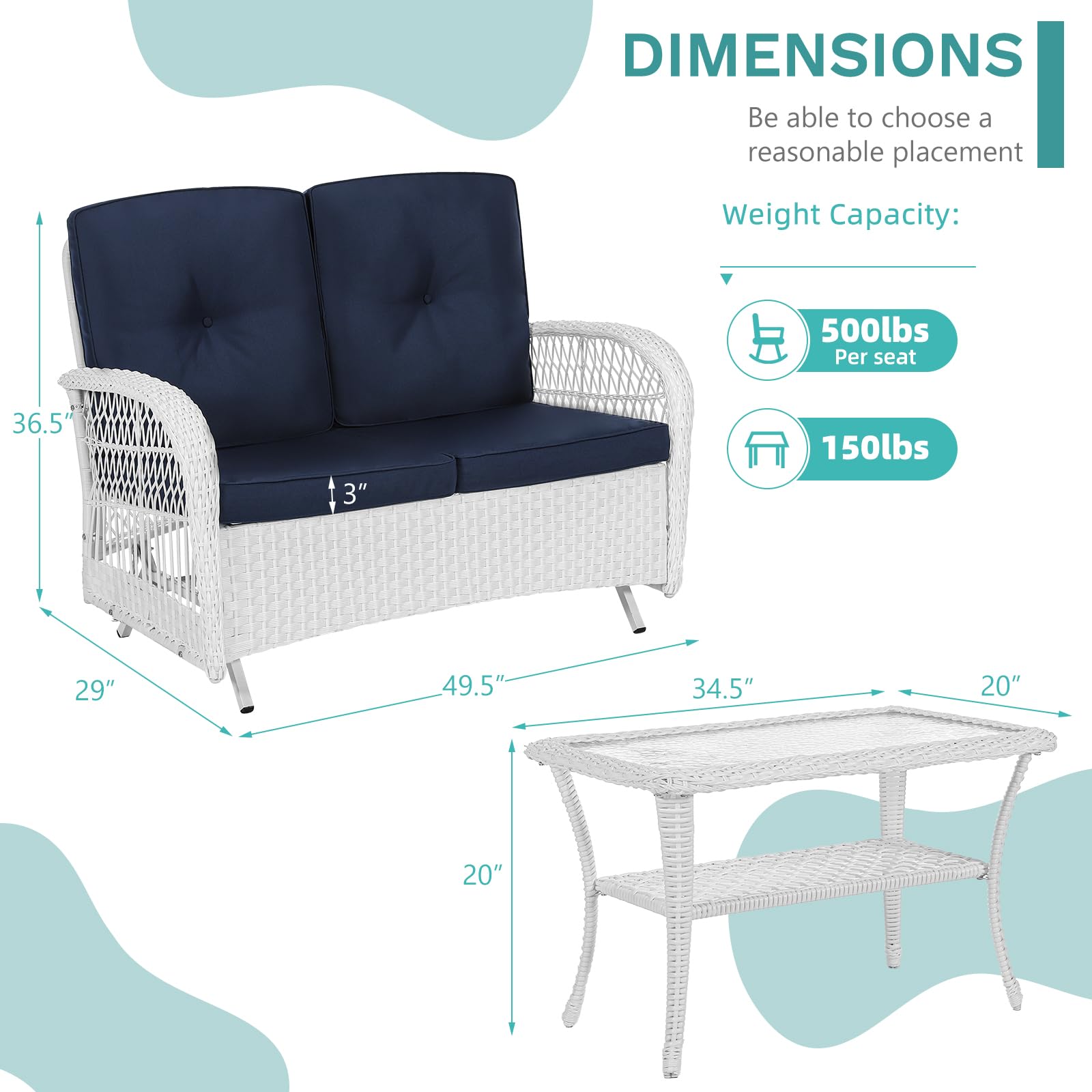 MEETWARM 2-Person Outdoor Wicker Patio Glider Set with Glass-Top Coffee Table & Thickened Cushions - White Wicker/Navy - Perfect for Porch, Garden, Backyard Relaxation and Outdoor Entertaining