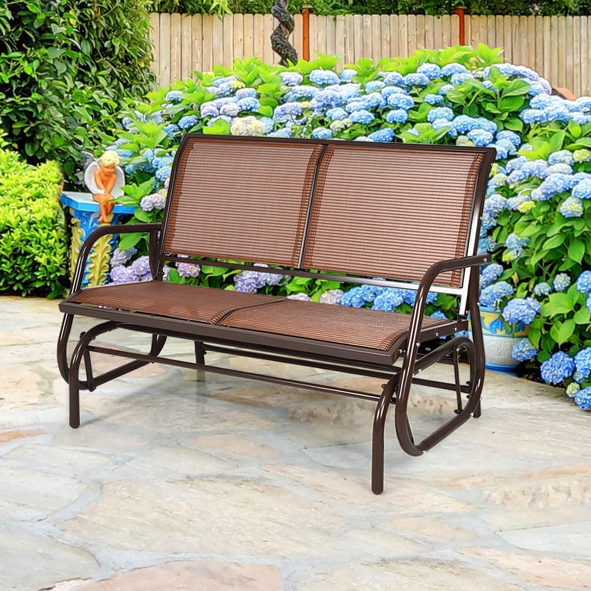 LUARANE Heavy-Duty 2-Person Outdoor Swing Glider Chair with Steel Frame - Double Seat Rocking Bench for Backyard, Garden, Poolside & Lawn Relaxation (Brown) | Perfect for Porch Swinging, Patio Lounging and Outdoor Leisure Time