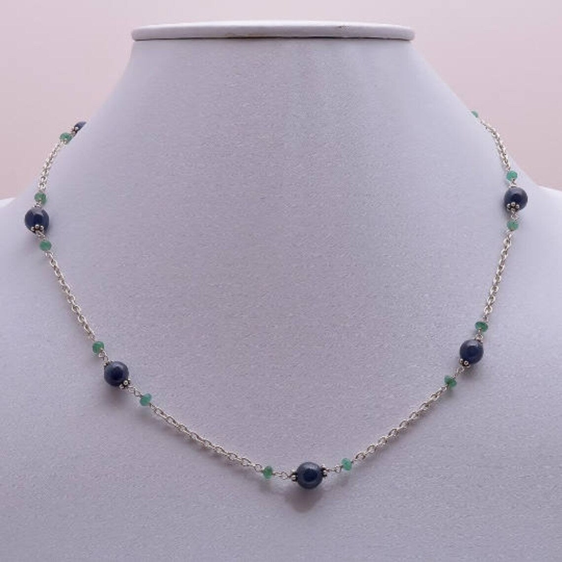 Natural Blue Sapphire & Emerald Beads Necklace - 925 Sterling Silver Chain Jewelry for Women | Elegant Gift for Her, Birthday, Anniversary & Special Occasions | Perfect for Weddings, Parties & Everyday Wear