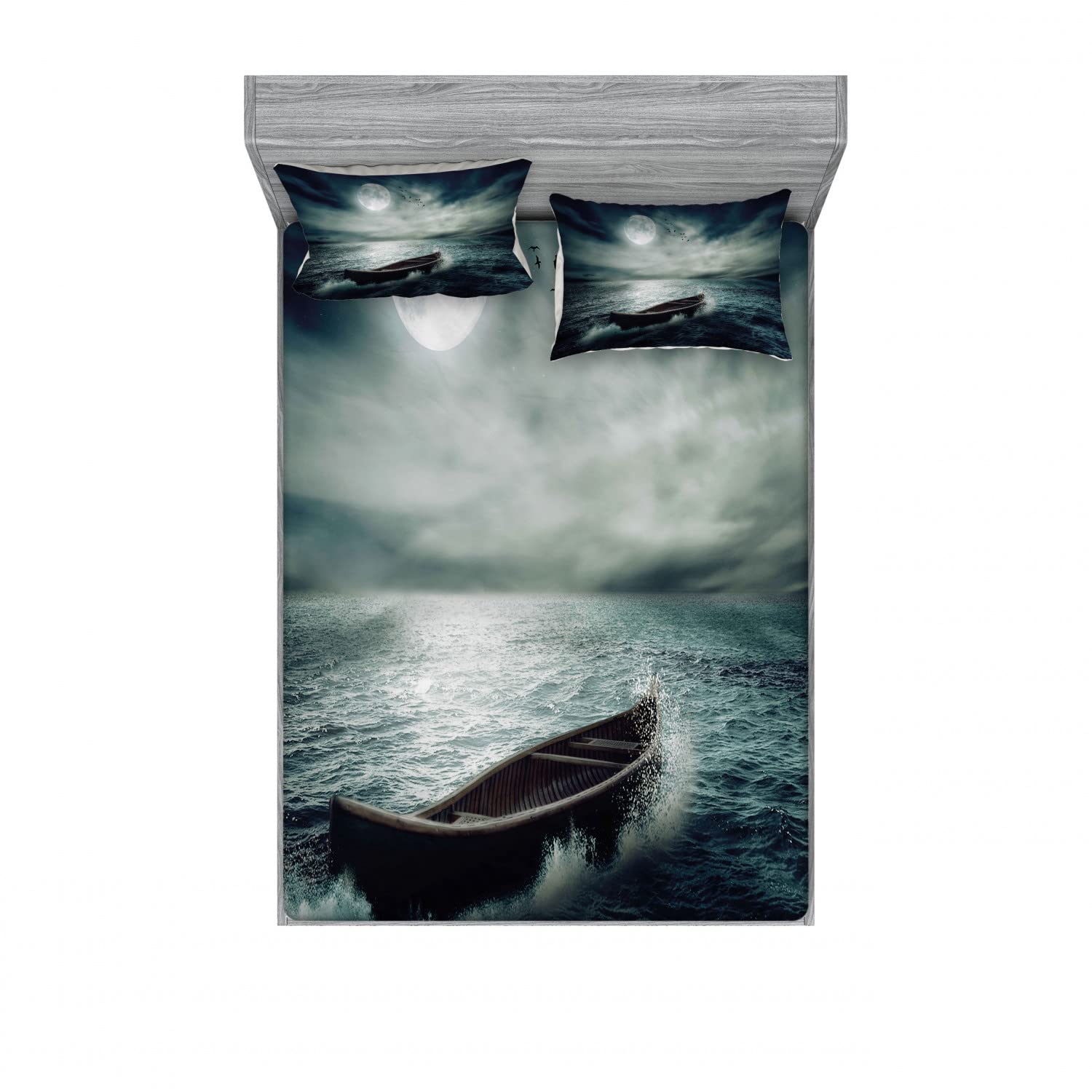 Ambesonne 2-Pack Queen Size Fishing Theme Bedding Set - 2 Fitted Sheets & 4 Pillow Shams, Boat in Ocean Design, Dark Blue & White Nautical Decor | Perfect for Beach House, Guest Room or Fishing Enthusiast's Bedroom