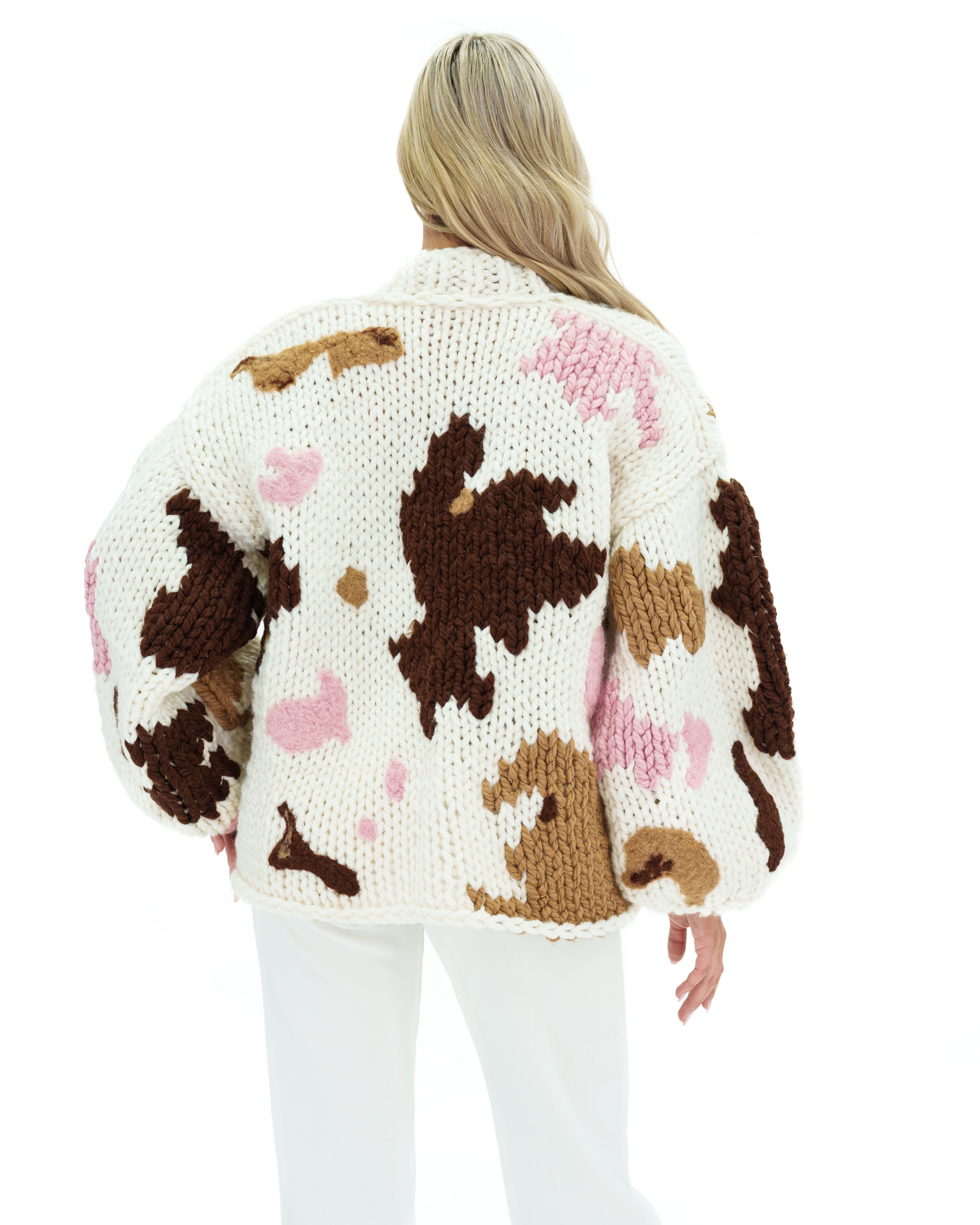 Women's Chunky Knit Cow Print Cardigan Sweater - Cozy Oversized Winter Pullover for Casual Outfits & Lounge Wear