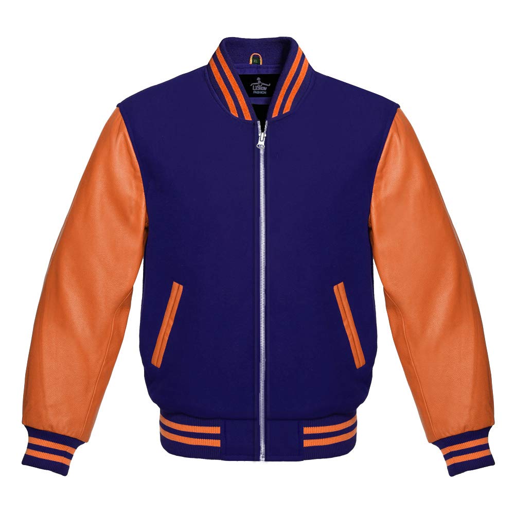 Varsity Baseball Letterman Jacket - Premium Wool with Genuine Orange Leather Sleeves, Zipper Bomber Jacket for High School & College | Perfect for Sports Events, Team Uniforms & Casual Wear