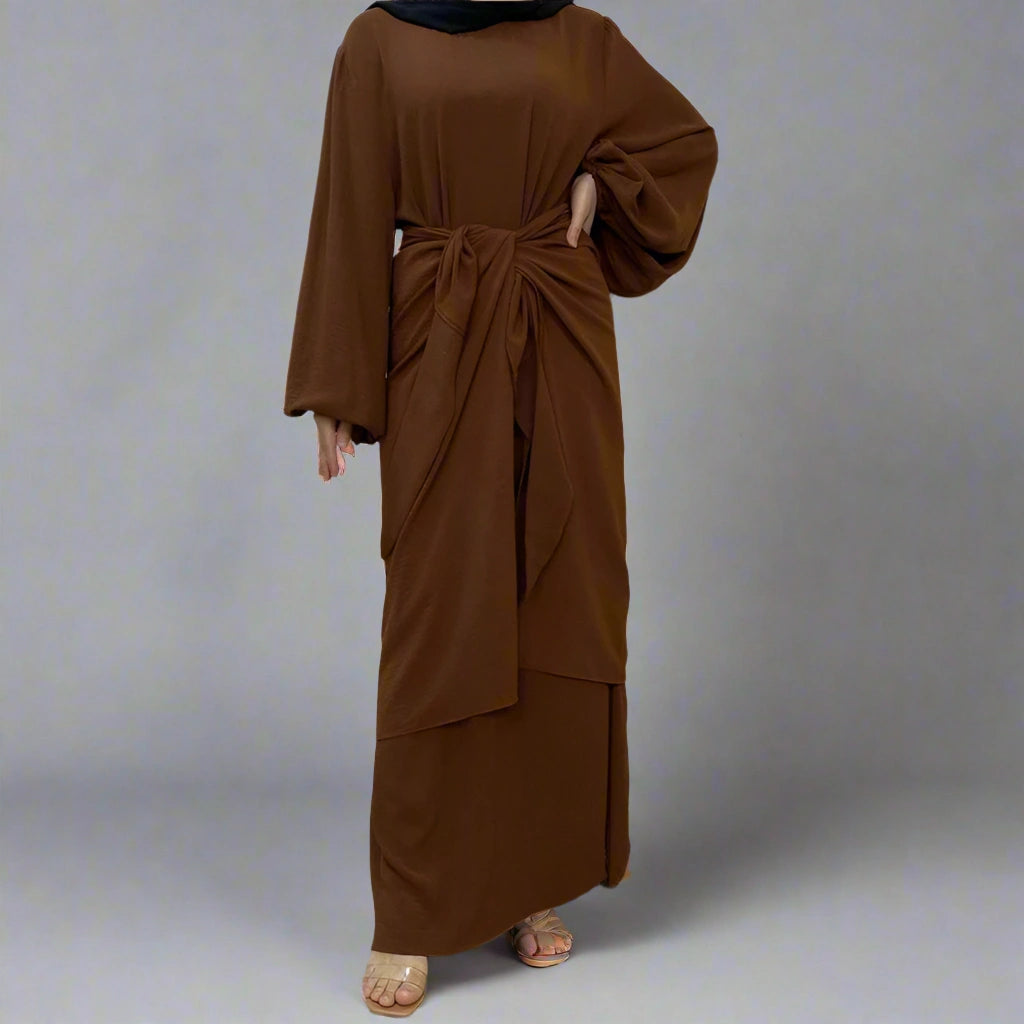 Elegant Solid Color Muslim Women's Abaya Dress with Mid Wrap - Modest Islamic Prayer Dress for Daily Wear & Special Occasions