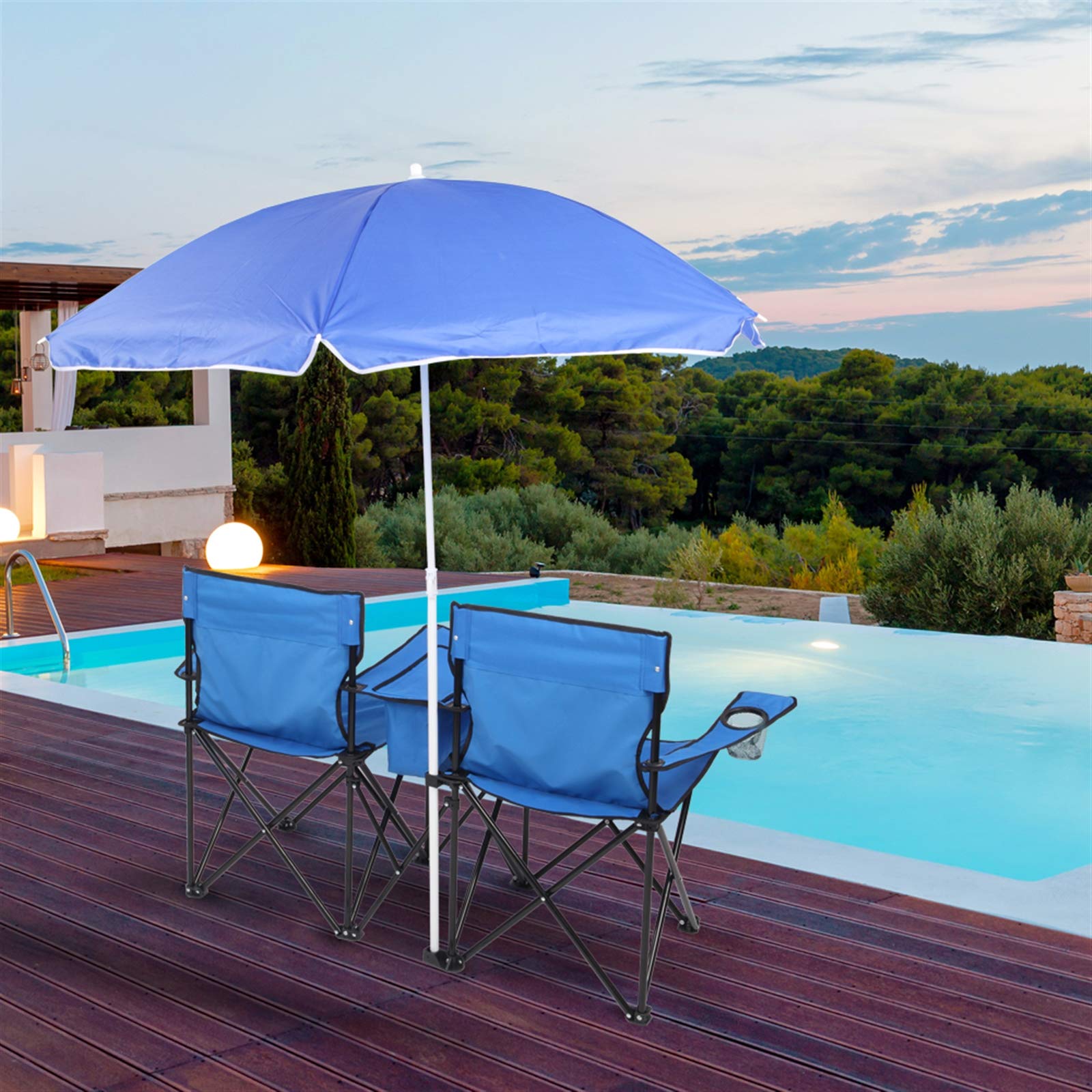 Portable Folding Beach Chair - 2 Seat Lightweight Camping Chair with Sun Umbrella & Cup Holder - 180 lb Capacity - Perfect for Outdoor Beach, Pool, Garden & Park Relaxation