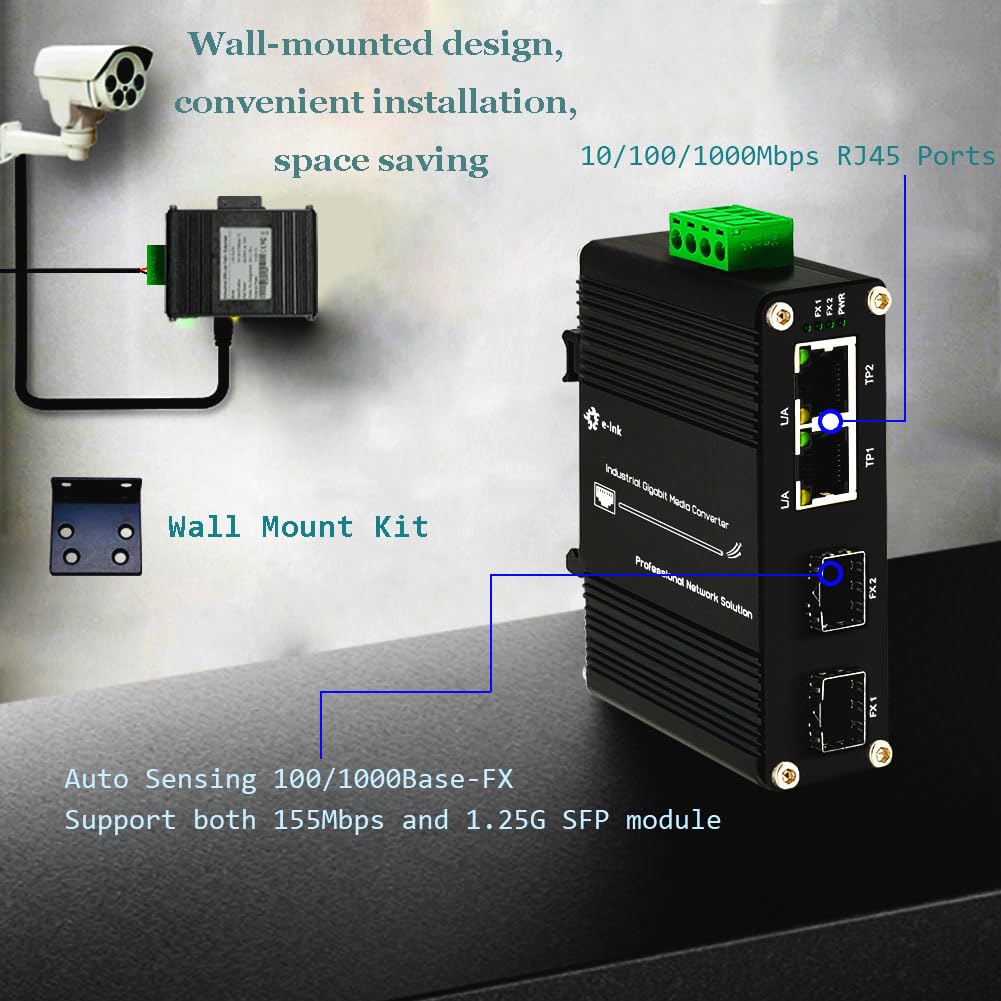 Industrial 2-Port Gigabit Media Converter | DIN Rail Mount | 10/100/1000Mbps Ethernet to SFP Fiber Converter | 2 RJ45 & 2 SFP Ports | Weatherproof for Outdoor Use | Perfect for Industrial Networks, Data Centers & Harsh Environments