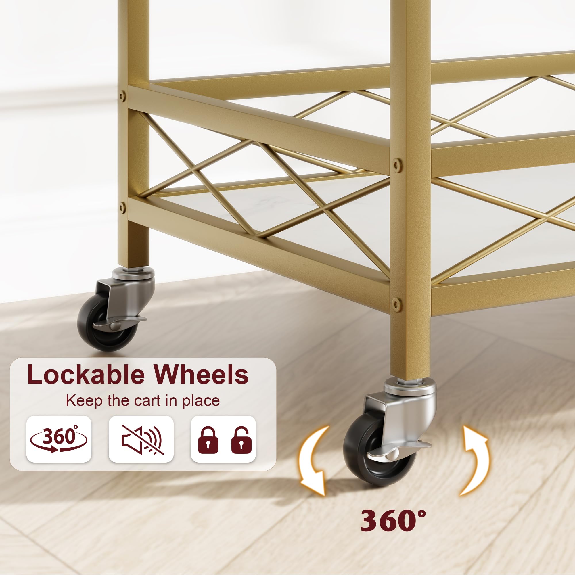 IDEALHOUSE 2-Tier Gold Bar Cart with Wheels - White Marble Finish Wood Shelf, Wine Rack & Glass Holder - Mobile Serving Cart for Kitchen, Living Room, Dining Room, Party & Home Entertainment