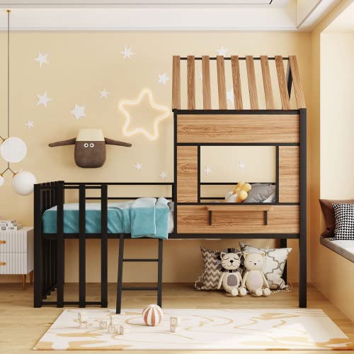 Twin Size Metal Loft Bed with Roof, Window & Guardrail - Playhouse Design with Ladder & Fence-Shaped Rail - Perfect for Kids' Bedroom, Dorm Room or Play Area - Black