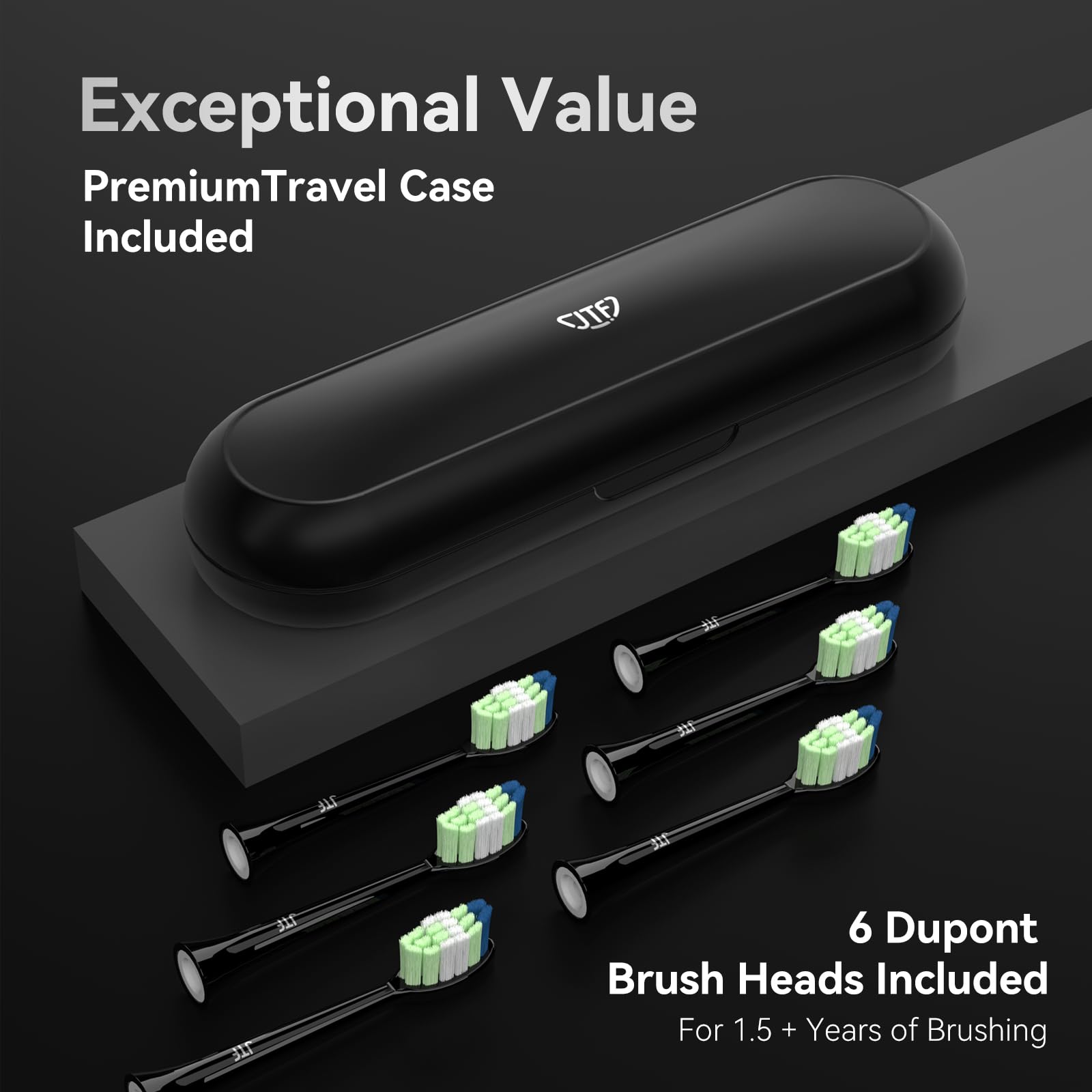JTF Sonic Electric Toothbrush for Adults - Rechargeable Toothbrush with 6 Brush Heads, Travel Case, 5 Cleaning Modes & Smart Timer | Waterproof Sonic Toothbrush for Men & Women (Black) | Perfect for Travel, Home Use & Daily Oral Care