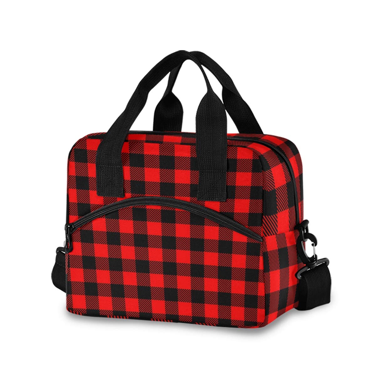 ZZKKO Insulated Lunch Bag - Red Black Plaid Portable Cooler Tote for Meal Prep, Office, Travel & Picnics | Leakproof Zipper Lunch Box with Organizer Pockets | Perfect for Work, School, Outdoor Activities & Daily Commute