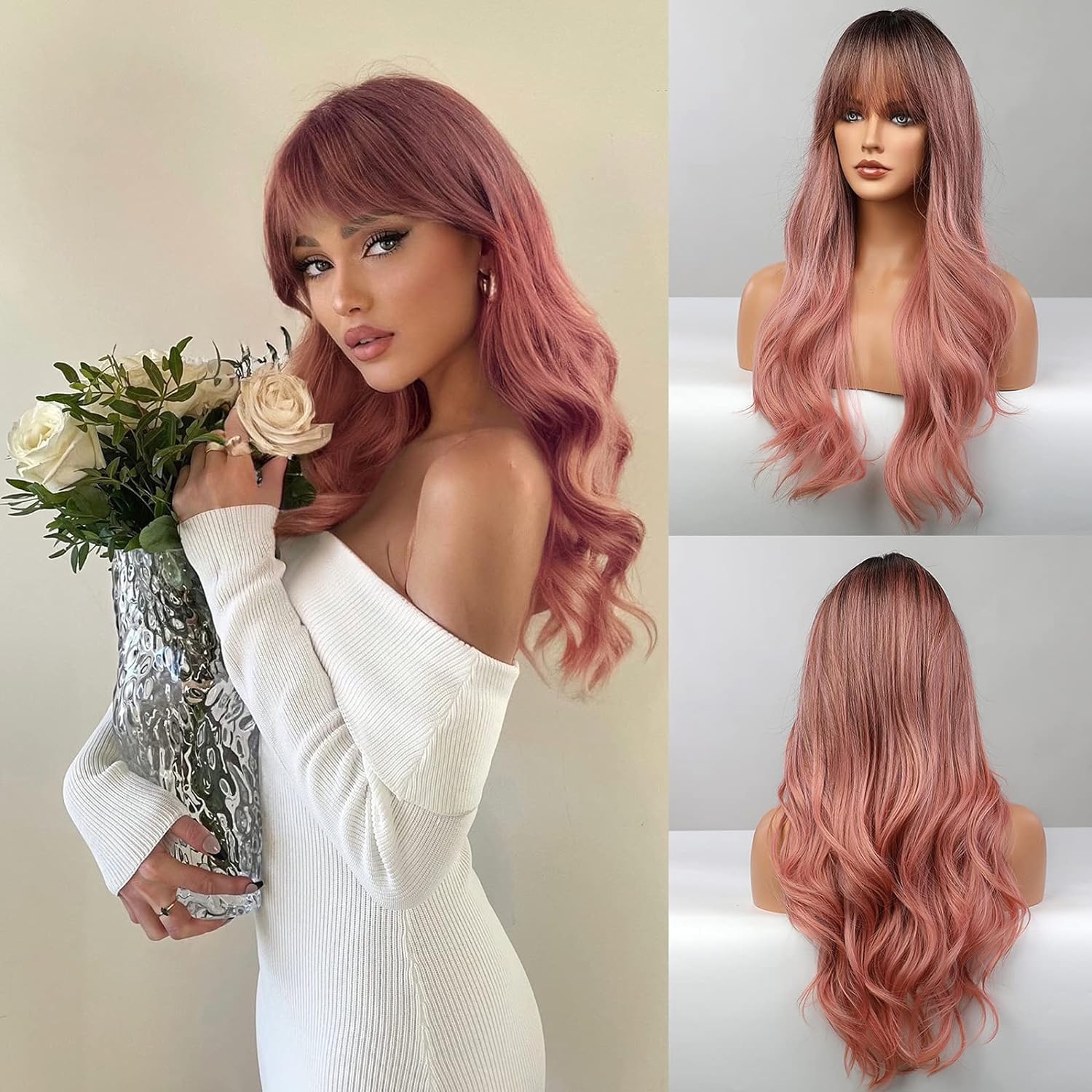 Honygebia Pink Wigs with Bangs - Long Ombre Synthetic Wigs for Women, Heat Resistant Light Wavy Pink Hair with Dark Roots - Natural Looking Cosplay Wig for Halloween, Christmas, Parties & Costume Events | Great for Cosplay, Themed Parties, Costume Contests & Photo Shoots