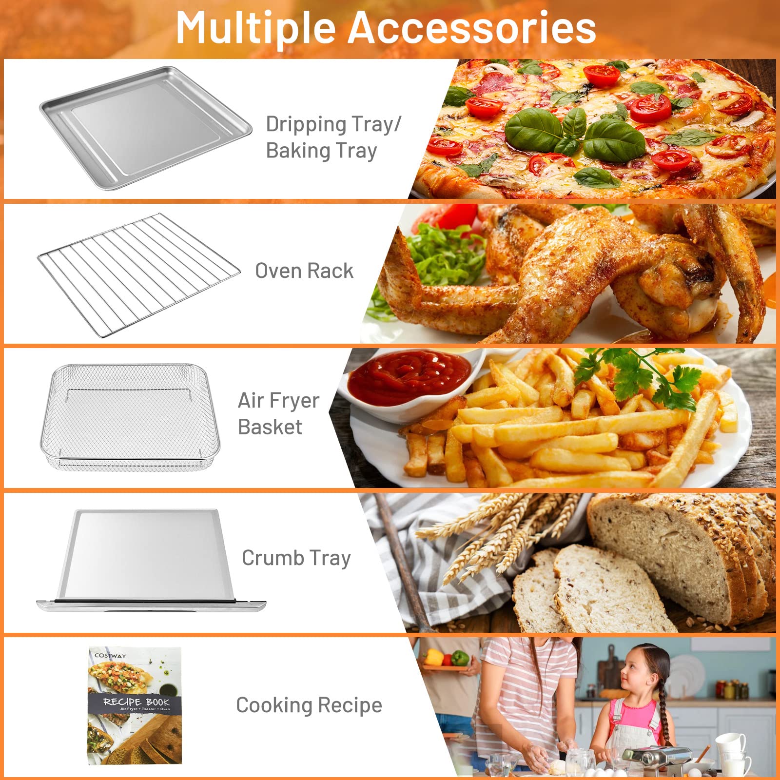 COSTWAY 7-in-1 Air Fryer Toaster Oven Combo, 1800W 21.5QT Countertop Convection Oven with Auto Shut-Off, Timer & Accessories - Bake, Broil, Toast, Roast, Reheat - Perfect for Small Kitchens, Dorms, Apartments & Healthy Cooking