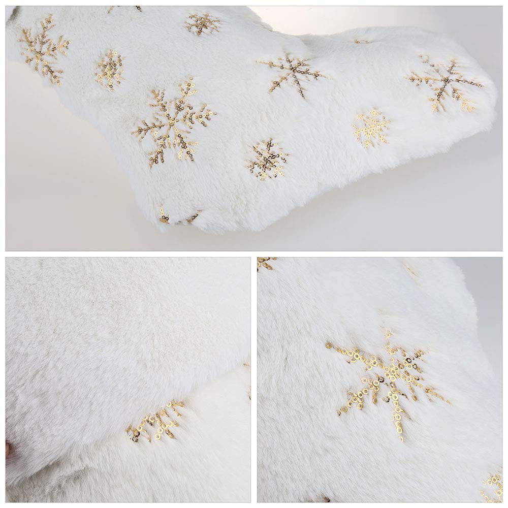 2PCS Luxury White Faux Fur Christmas Stockings - 22inch Large Hanging Xmas Socks with Gold Sequin Snowflake Design for Fireplace Mantel Decor, Holiday Gift Exchange & Cozy Winter Home Decor