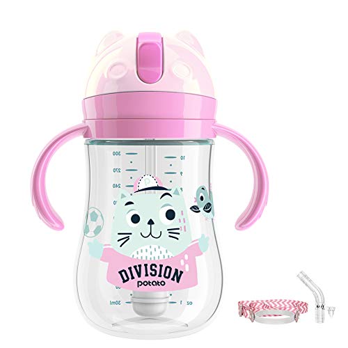 Spill-Proof Toddler Sippy Cup with Handles & Strap - 10oz/300ML Baby Straw Cup for 6+ Months (Pink) - Ideal for Travel, Daycare & Learning Independent Drinking