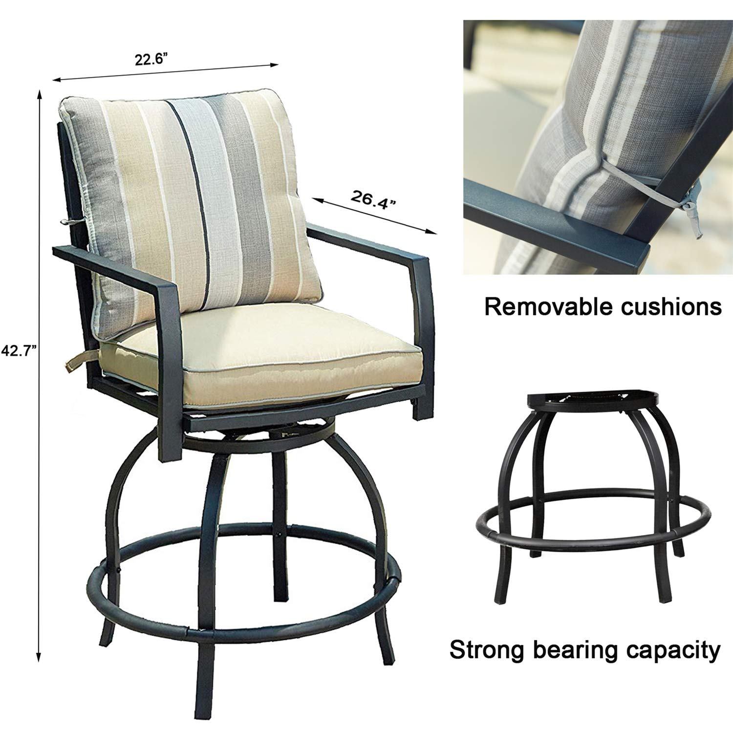 **3-Piece Outdoor Bistro Set - Swivel Bar Stools with Yard Armrests & Glass Top Table - All-Weather Steel Frame Patio Furniture for Backyard, Garden, or Poolside Dining**