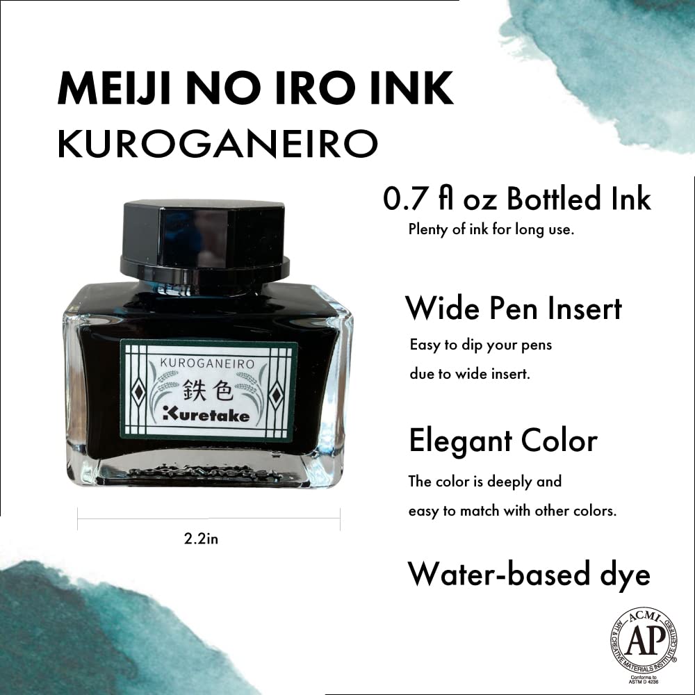 Kuretake Ink-café MEIJI NO IRO KUROGANE-IRO Fountain Pen Ink Bottle 20g - Premium Iron Black Ink for Calligraphy, Drawing & Journaling