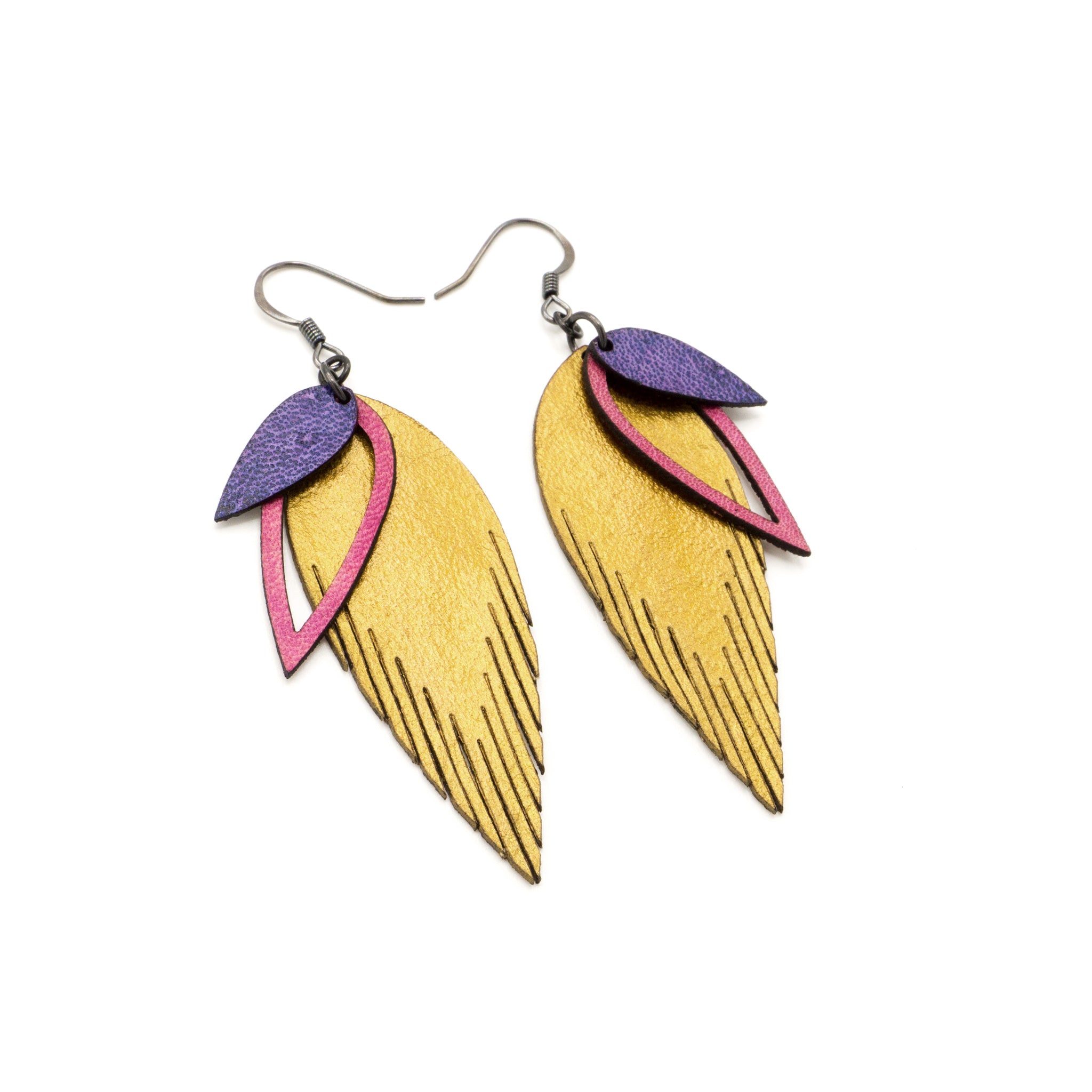3 Layer Genuine Leather Earrings for Women - Gold, Fuchsia, Purple | Boho Chic Handmade Dangle Earrings | Perfect for Parties, Weddings & Everyday Wear