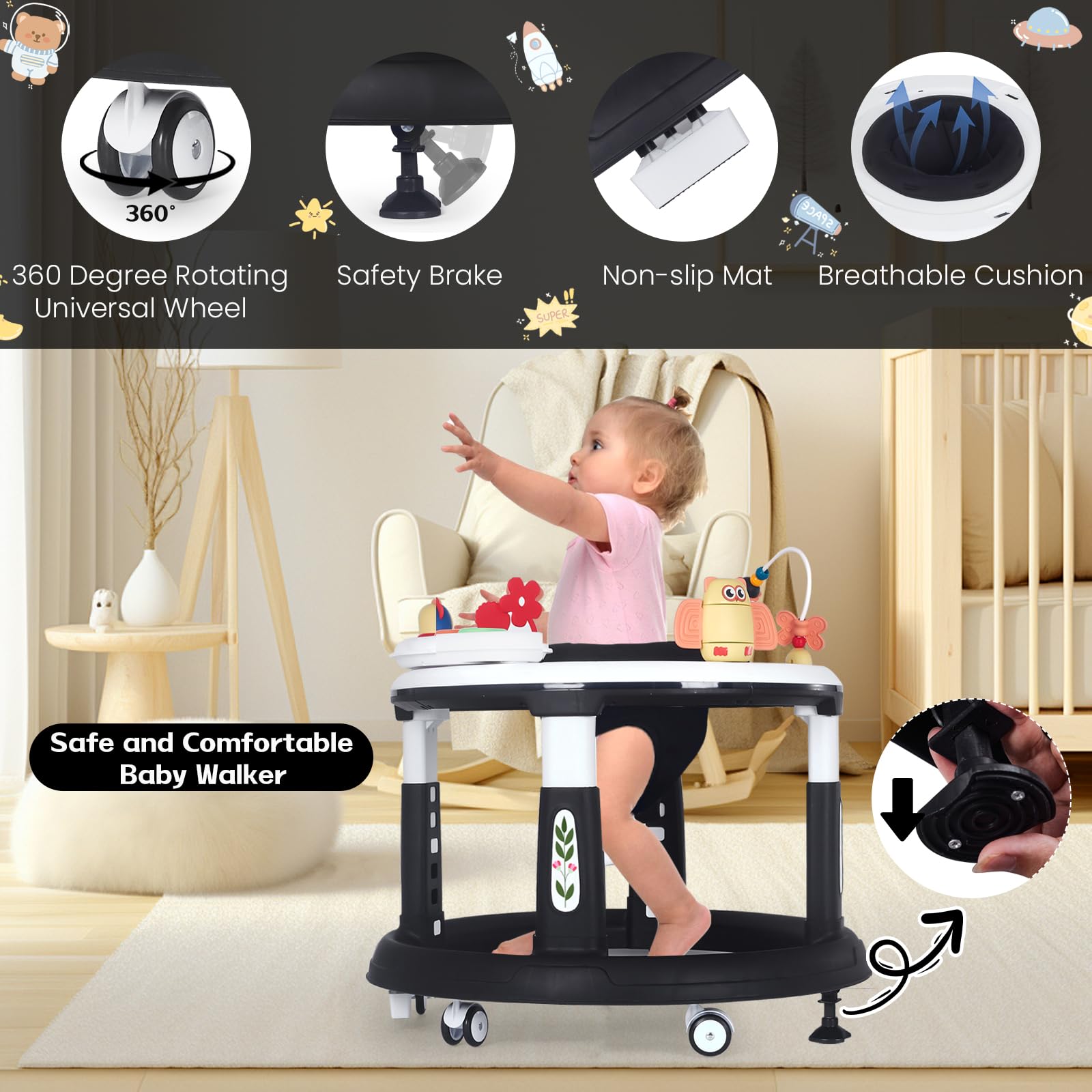 5-in-1 Foldable Baby Walker with Wheels & Activity Center for Infants 6-18 Months | Adjustable Height, Music & Learning Modes | Perfect for Playtime, Early Development & Safe Walking Practice