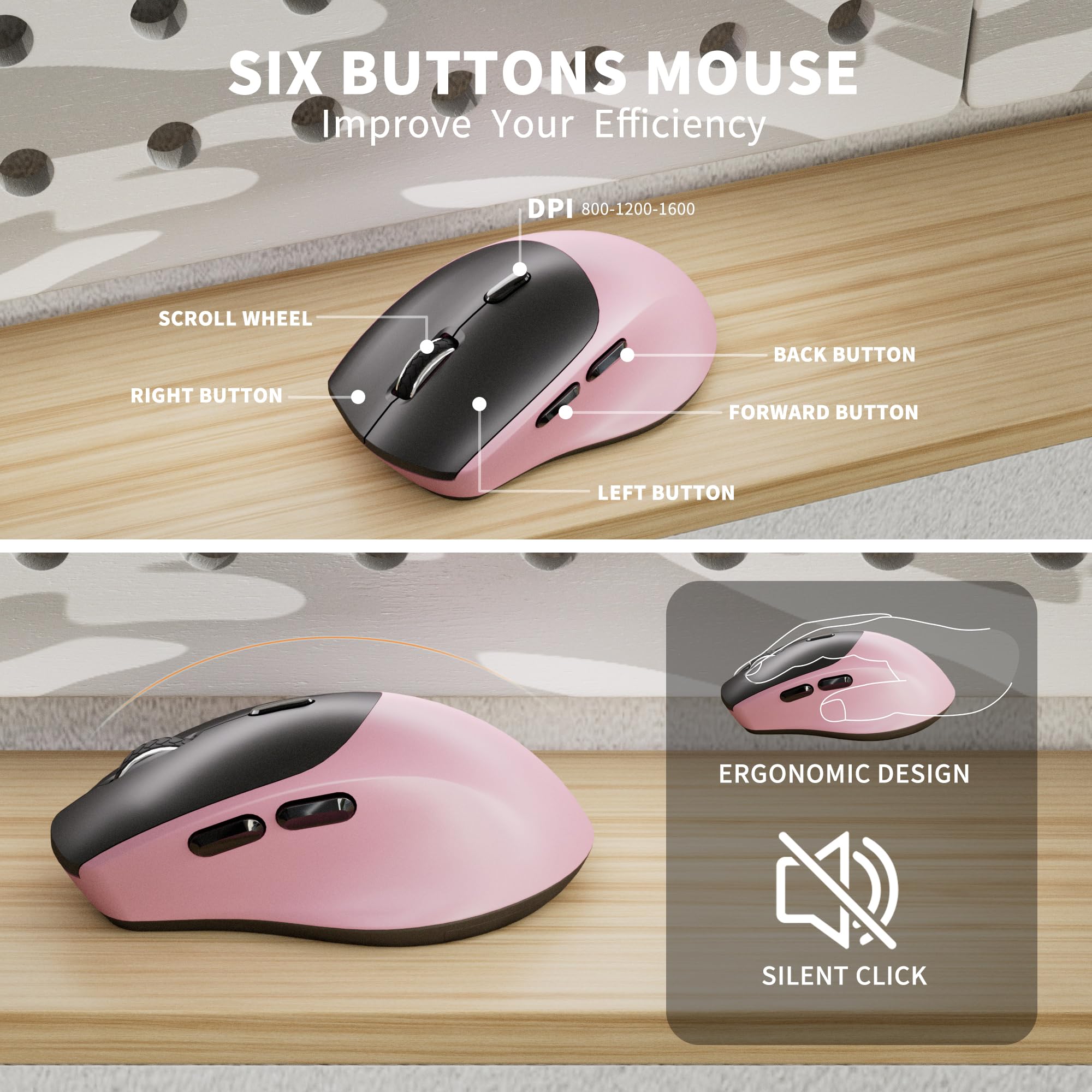 Ergonomic Wireless Keyboard and Mouse Combo with Phone Holder - 2.4GHz Cordless Keyboard Mouse for Mac, Windows, PC & Laptop (Pink) - Perfect for Home Office, Gaming & Remote Work