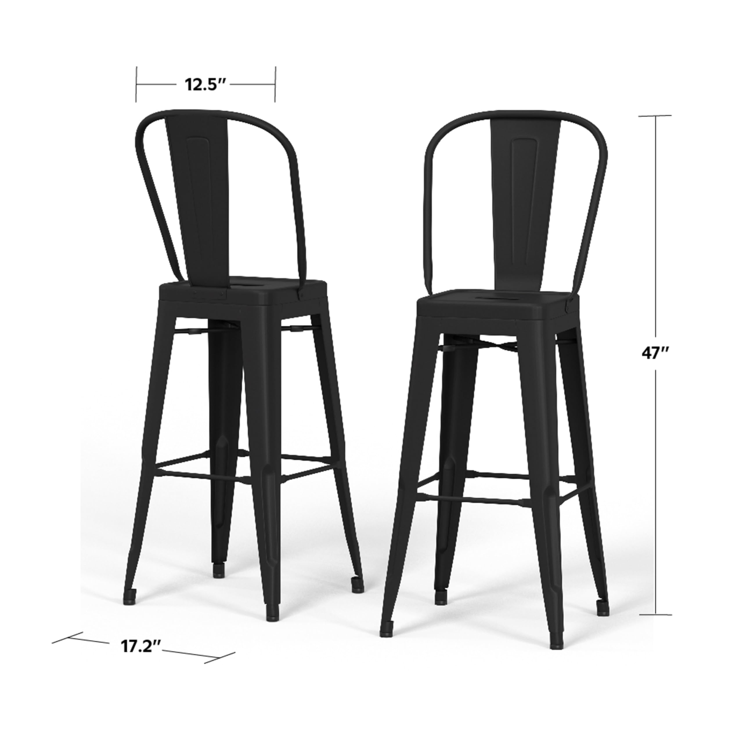 SIMPLIHOME Fletcher Industrial 30 Inch Metal Bar Stool Set of 2 - Black Counter Height Stools for Kitchen Island, Dining Room & Home Bar - Heavy Duty Steel Frame with Comfortable Back Support
