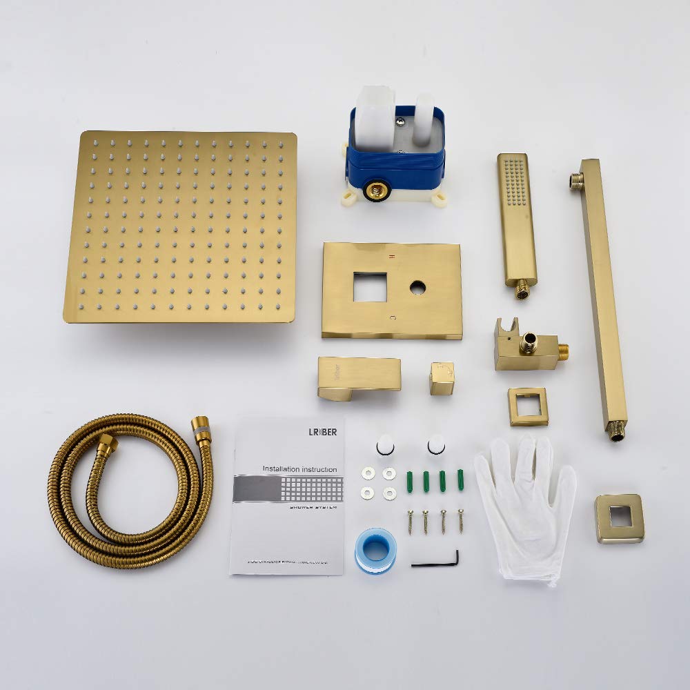 Premium Iriber Champagne Bronze Rain Shower System - 12 Inch Rainfall Shower Head & Handheld Spray - Wall Mounted Brushed Gold Bathroom Shower Set with Faucet Mixer & Trim Kit (Valve Included) - Perfect for Luxurious Spa-Like Showers & Modern Bathroom Upgrades