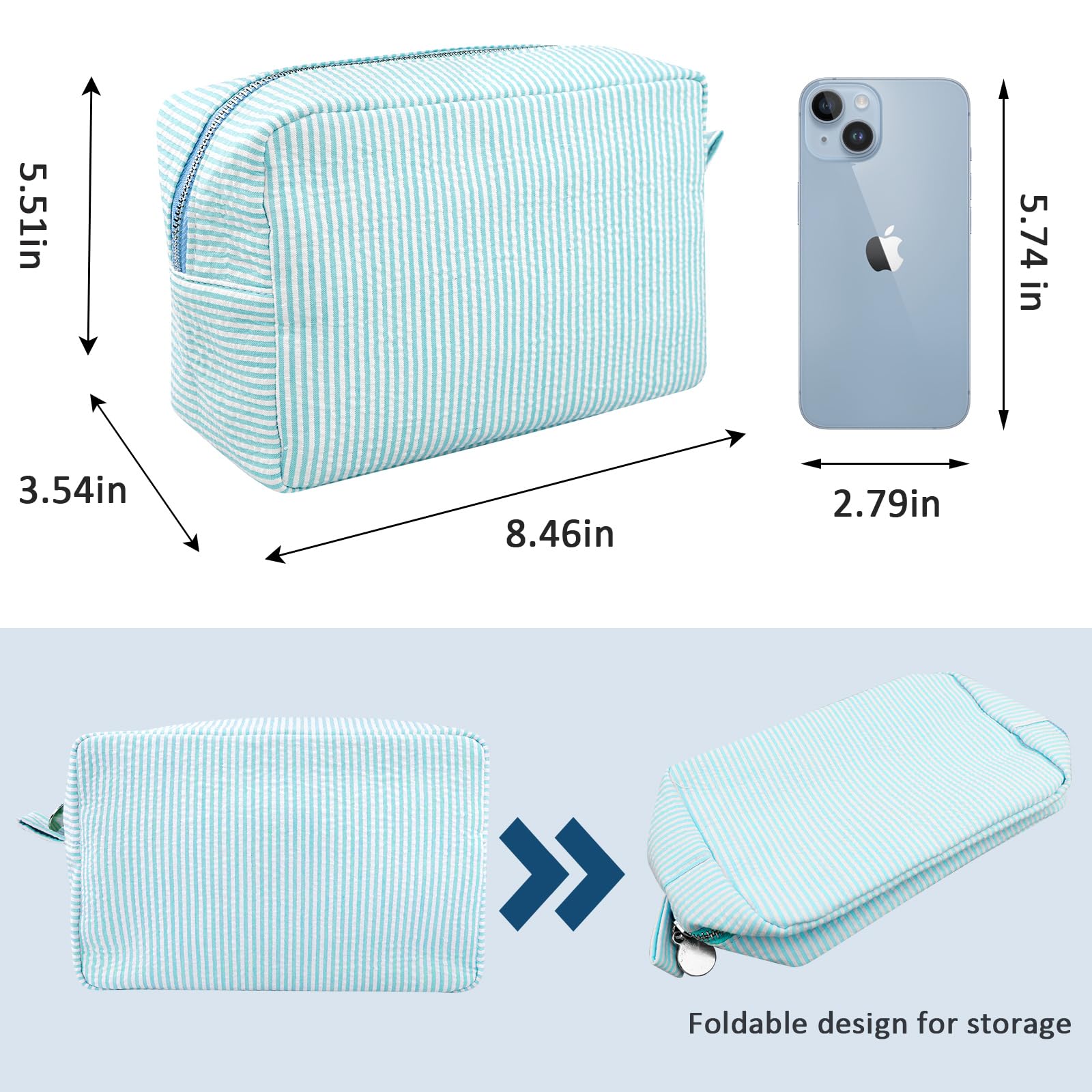 Cute Lightweight Makeup Bag for Women - Seersucker Cosmetic Organizer, Perfect Gift for Girls & Moms - Travel & Daily Use