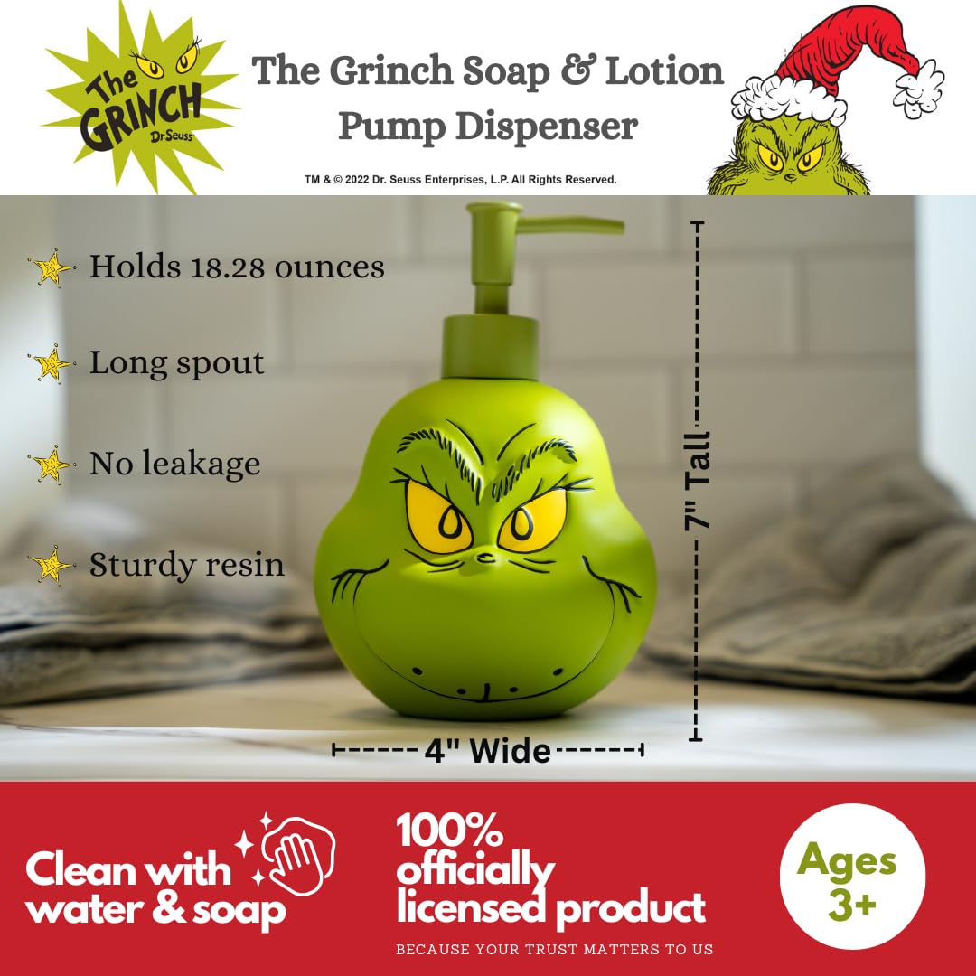Officially Licensed Dr. Seuss The Grinch Christmas Soap Lotion Hand Sanitizer Dispenser - 18.28oz Holiday Home Decor & Gift for Bathroom, Kitchen, Office