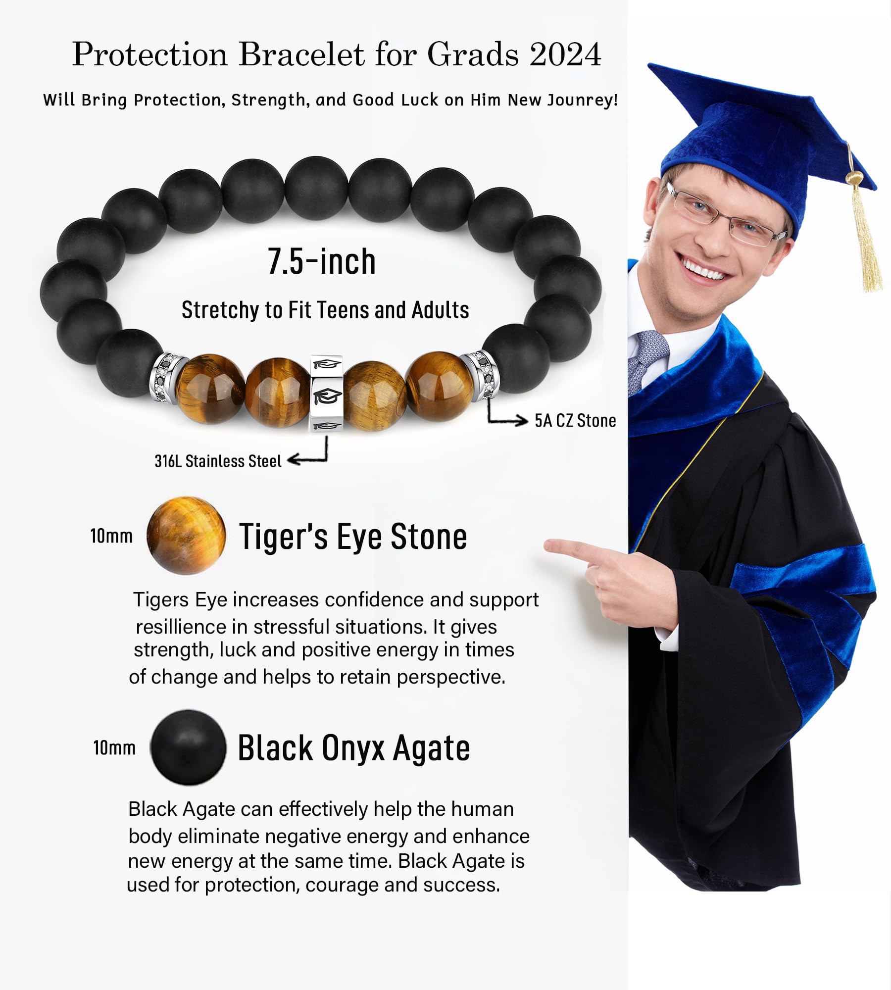 TONY & SANDY Tiger Eye Bead Bracelet for Men - Cool Graduation Gift for Him, Son, Grandson, Nephew - Perfect for College, High School & 5th/8th Grade Graduations - Stylish Accessory for Daily Wear & Special Occasions