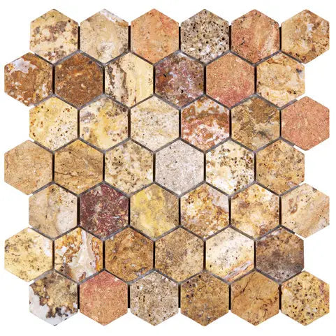 Scabos Natural Stone 2 Inch Hexagonal Mosaic Tile - Tumbled Travertine Floor and Wall Tile for Bathroom, Kitchen Backsplash, and Shower