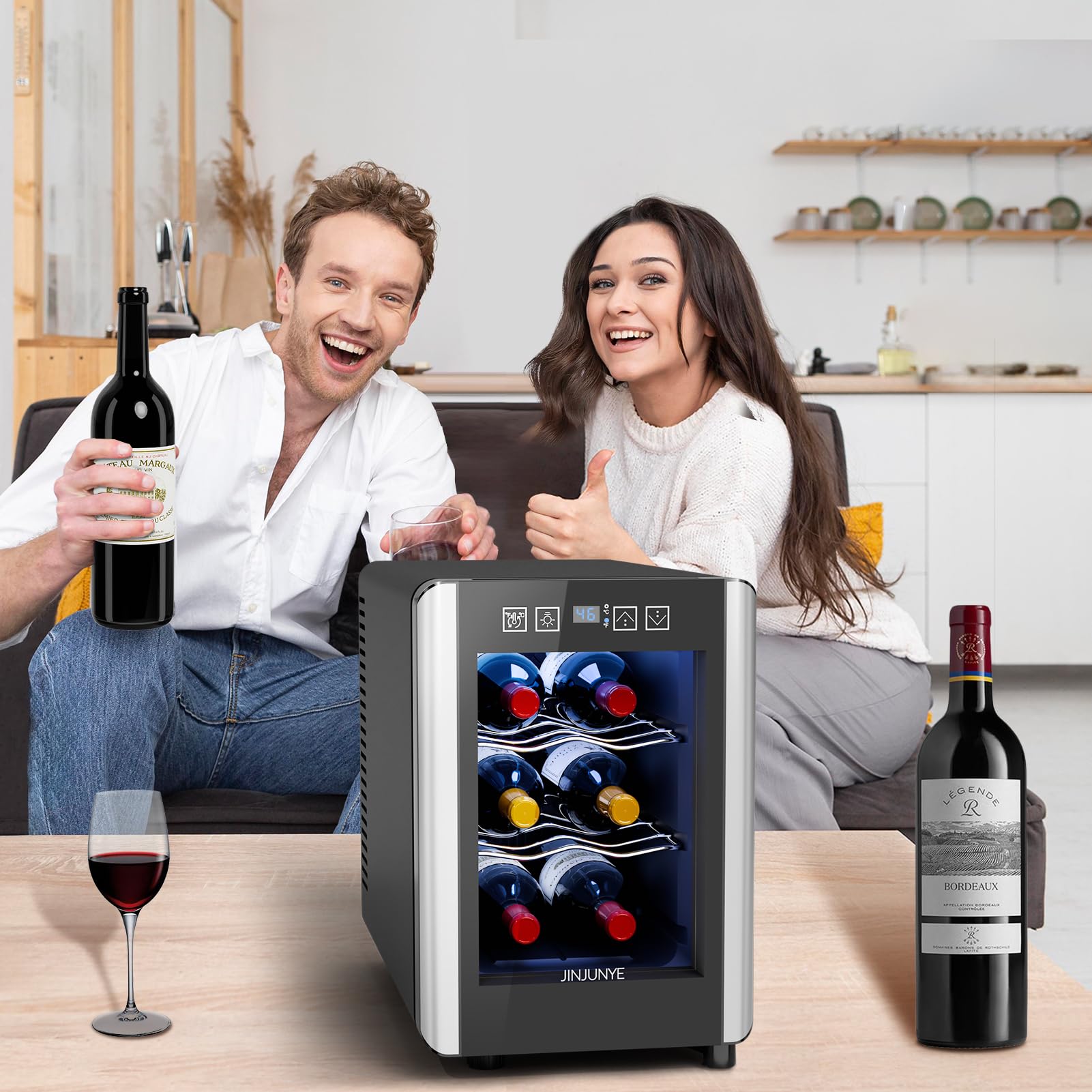 6 Bottle Wine Cooler with Digital Temperature Control (46-65℉) - Compact Countertop Wine Fridge, Freestanding Mini Wine Cellar with Glass Door - Perfect Gift for Wine Lovers - Ideal for Home, Office or Bar Use