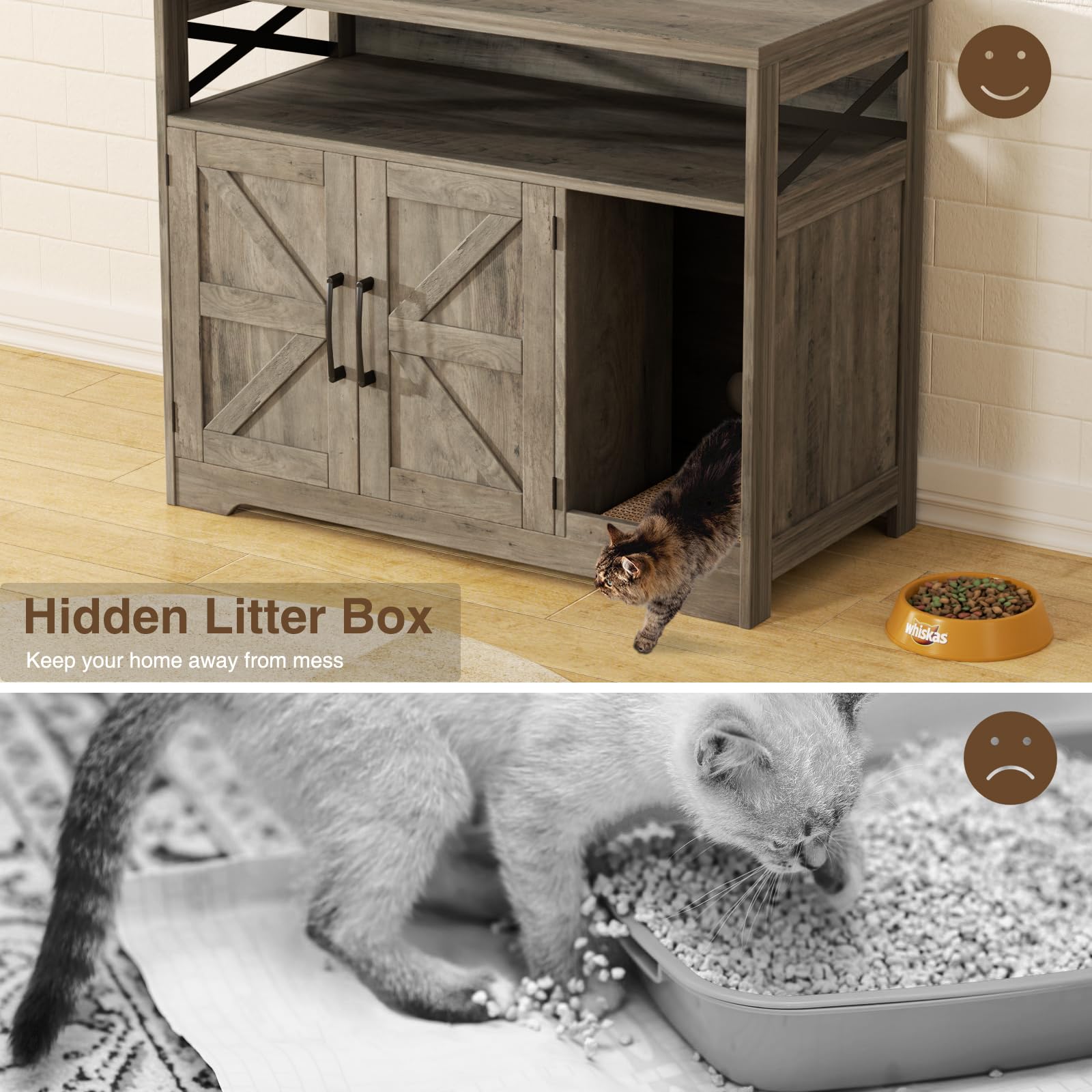 Hidden Cat Litter Box Enclosure Furniture with Scratch Pad - Farmhouse Style Indoor Cat Washroom End Table in Grey | Discreet Pet Litter Solution for Living Rooms, Bedrooms & Small Spaces