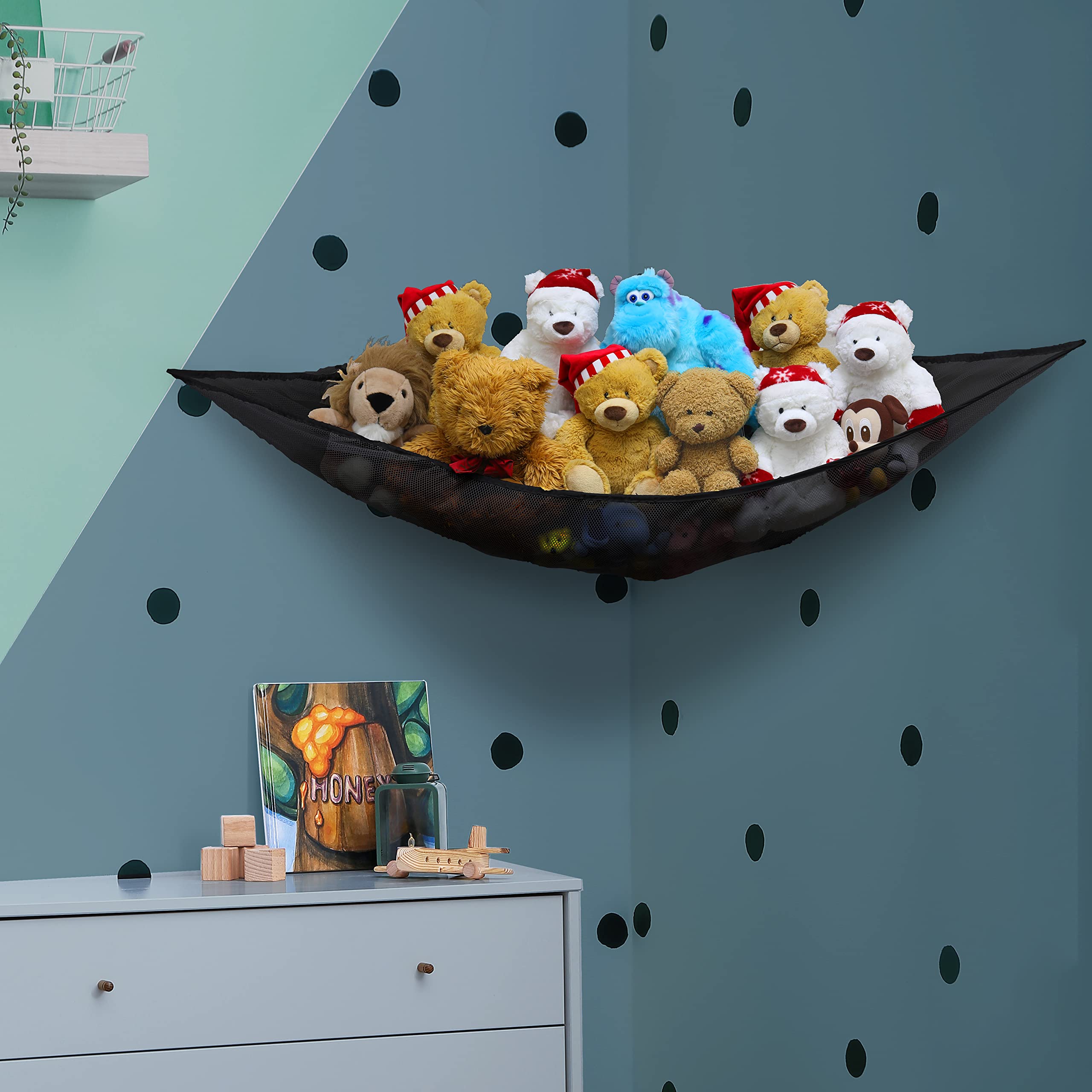 2 Pack Stuffed Animal Hammock for Kids - Corner Hanging Toy Storage Organizer for Bedroom & Nursery - Soft Fabric Toy Net Holder (Black) - Perfect for Storing Plush Toys, Dolls & Stuffed Animals in Small Spaces