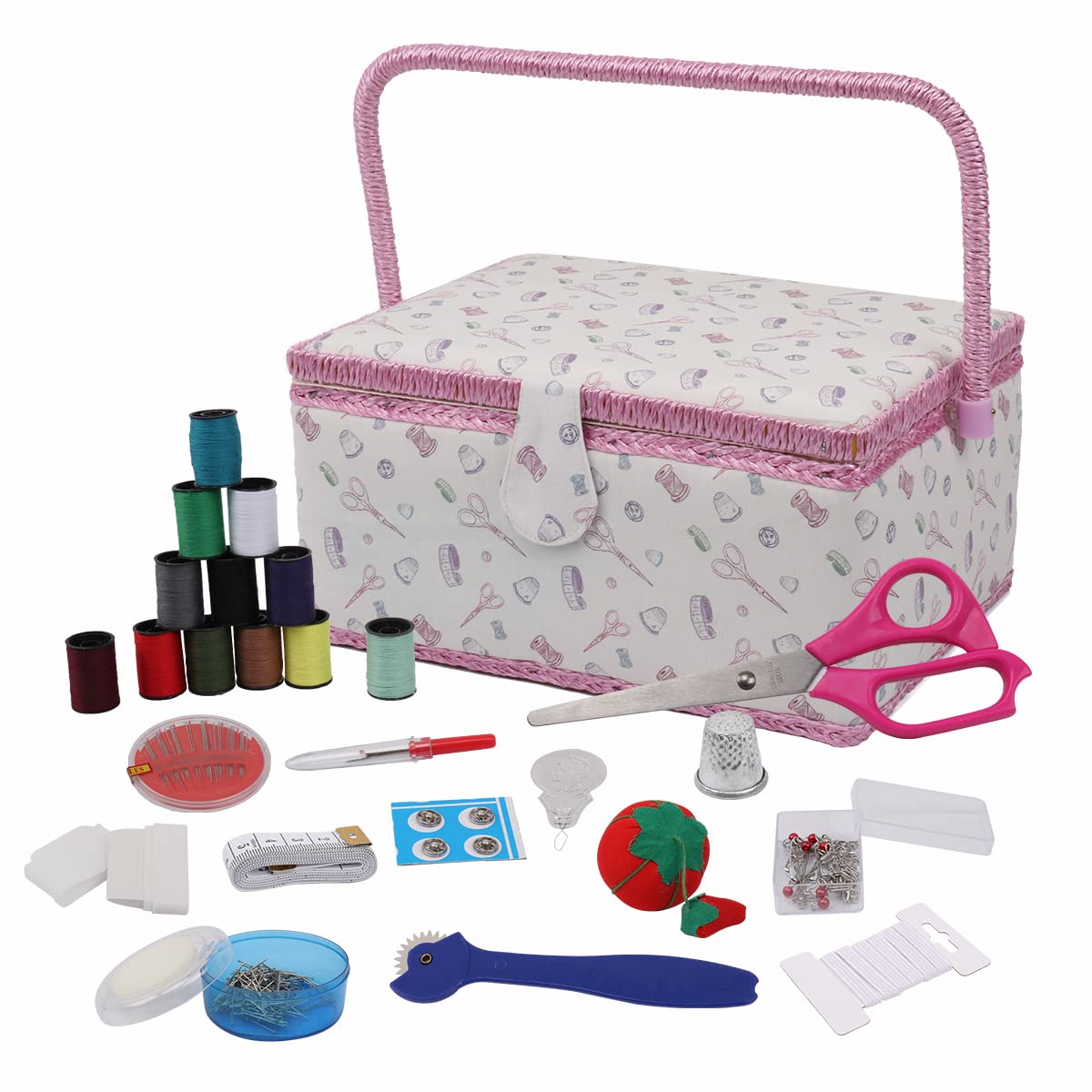 Large Classic Fabric Design Sewing Basket - Portable Sewing Kit Organizer with Storage for Embroidery & Sewing Supplies, 12.2 x 9.06 x 6.69 Inches (Big/Cut Theme White) - Perfect for Home Crafting, Travel & DIY Projects