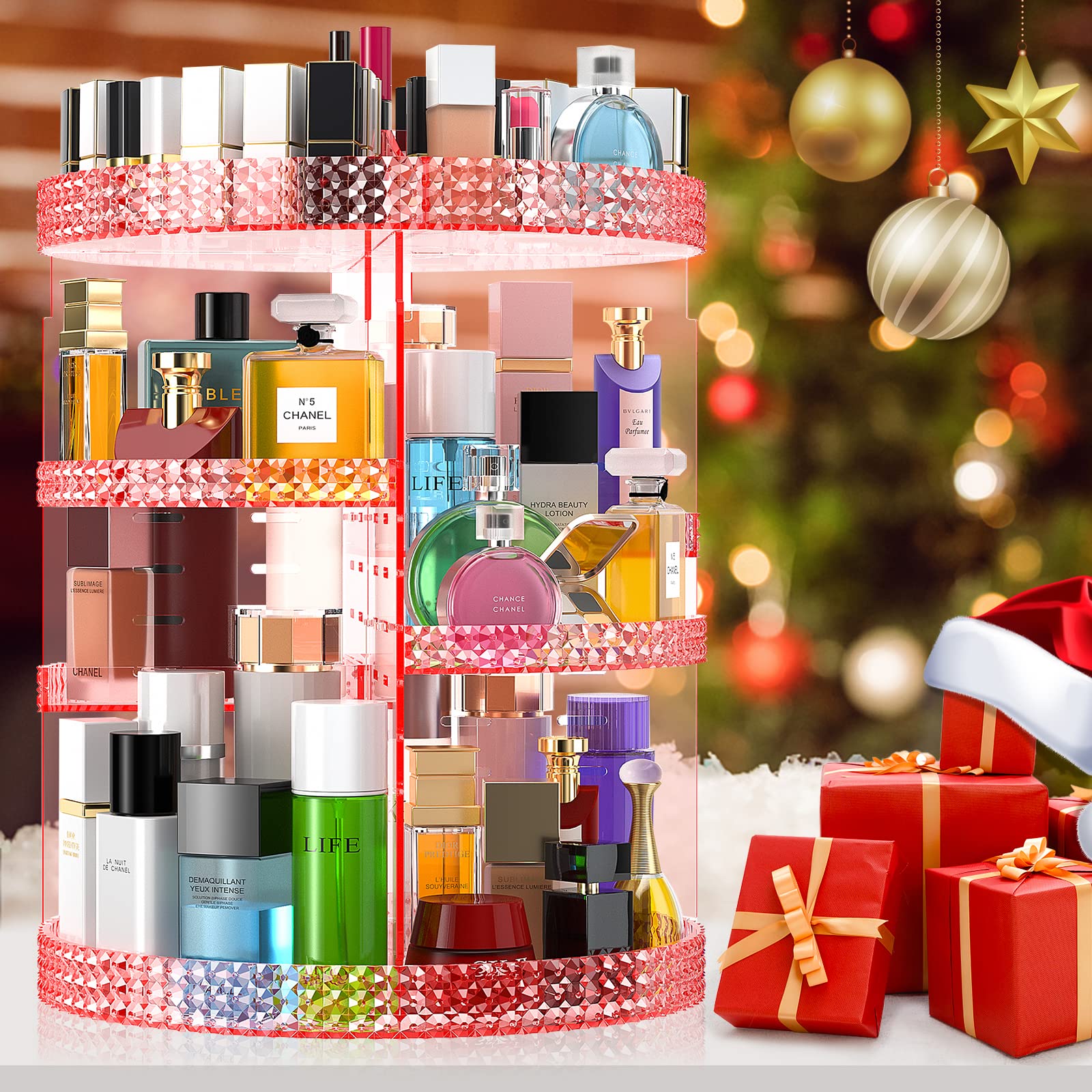 360-Degree Pink Makeup Organizer Carousel - 7-Tier Acrylic Vanity Organizer for Brushes, Lipsticks & Cosmetics | Perfect for Bathroom Counter, Dressing Table & Large Makeup Collections