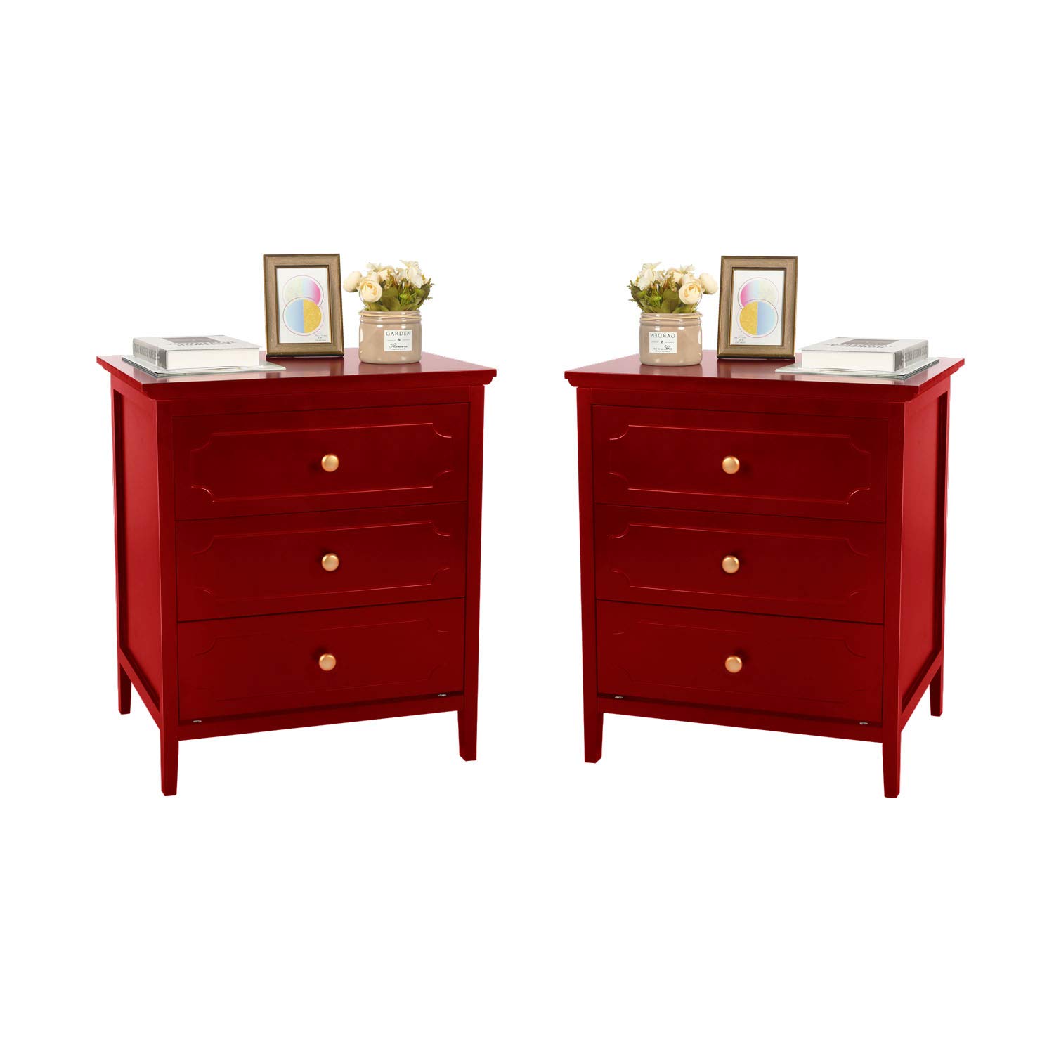 Red Nightstand with 3 Drawers - 22.4 Inch Bedside Table with Storage for Bedroom & Living Room - Set of 2 Modern End Tables (Perfect for Small Spaces, Apartment Furniture, Guest Room Essentials)