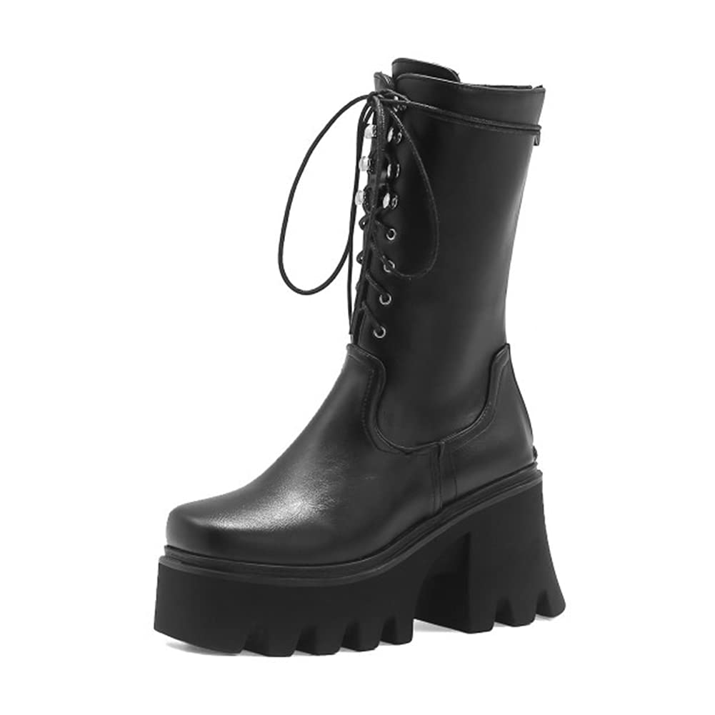 Women's Chunky Heel Ankle Boots - Lace Up & Back Zipper Design with Platform Rubber Sole - Perfect for Casual Outfits, Office Wear & Fall Fashion
