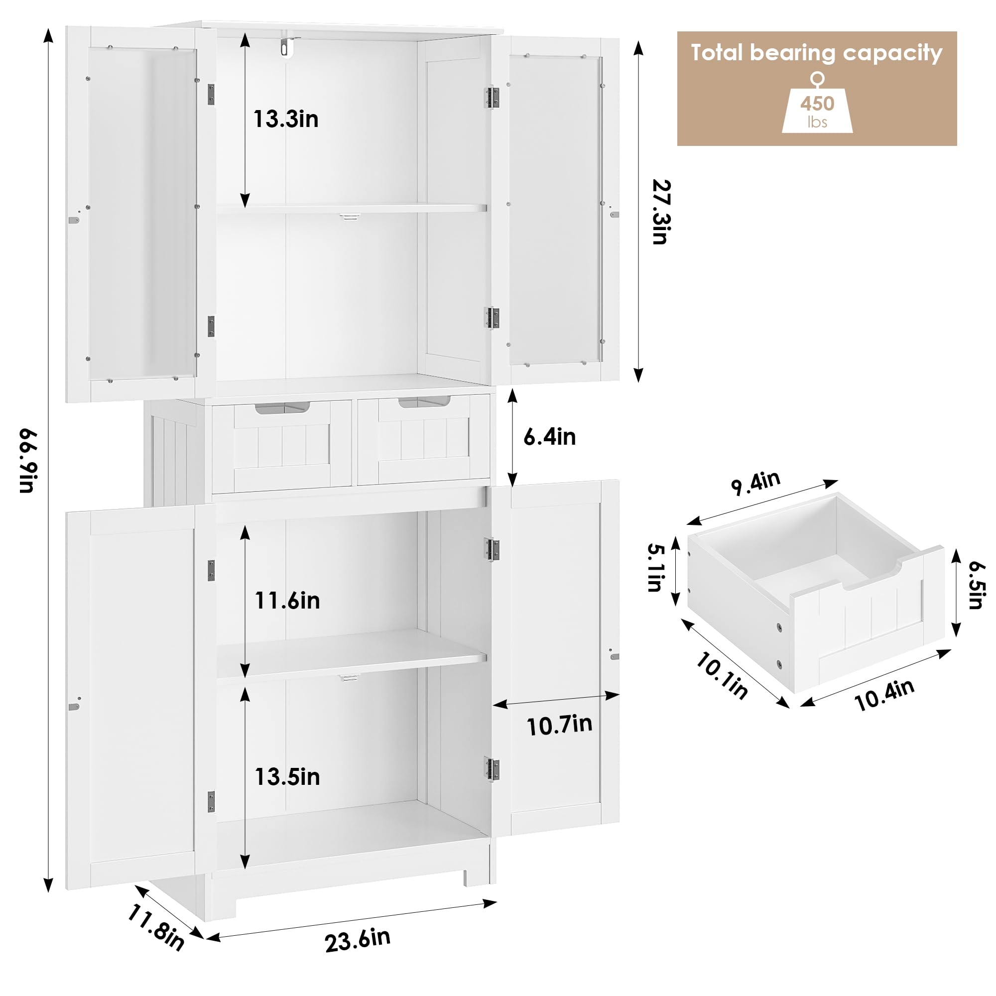HOSTACK 64 Inch White Tall Storage Cabinet with Drawers and Glass Doors - Modern Kitchen Pantry, Bathroom Cabinet with Shelves, Free Standing Linen Cupboard for Dining Room - Perfect for Home Organization, Bedroom Storage & Living Room Decor