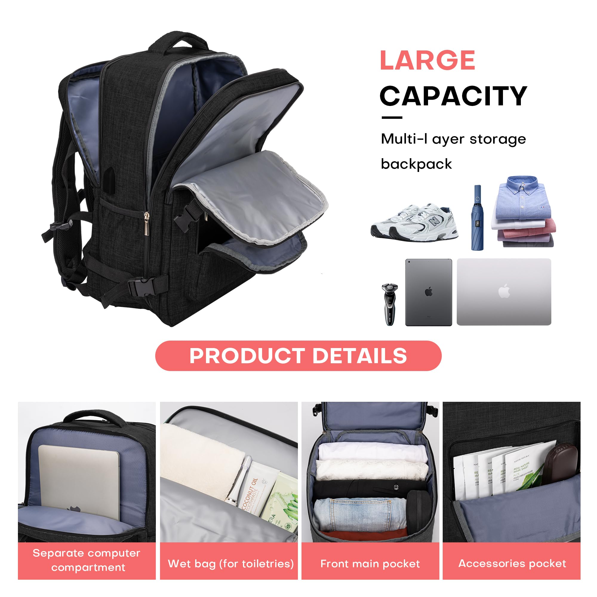 BAGLHER Travel Backpack for Men & Women - Waterproof Carry On Laptop Backpack with USB Charging Port & Shoe Compartment - Flight Approved Business Backpack for Air Travel, Hiking, Commuting & Outdoor Adventures (Black)