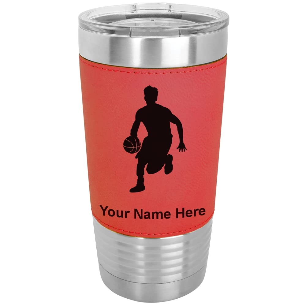 LaserGram 20oz Vacuum Insulated Stainless Steel Tumbler Mug with Leakproof Lid - Custom Basketball Player Design & Personalized Engraving - Faux Leather Wrap & Red Color - Perfect for Sports Fans, Office Use & Outdoor Activities